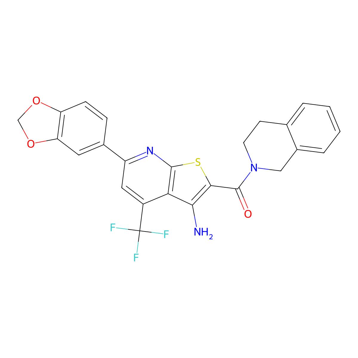 [3-amino-6-(1,3-benzodioxol-5-yl)-4-(trifluoromethyl)thieno[2,3-b]pyridin-2-yl]-(3,4-dihydro-1H-isoquinolin-2-yl)methanone molecular structure, CAS 625377-32-4