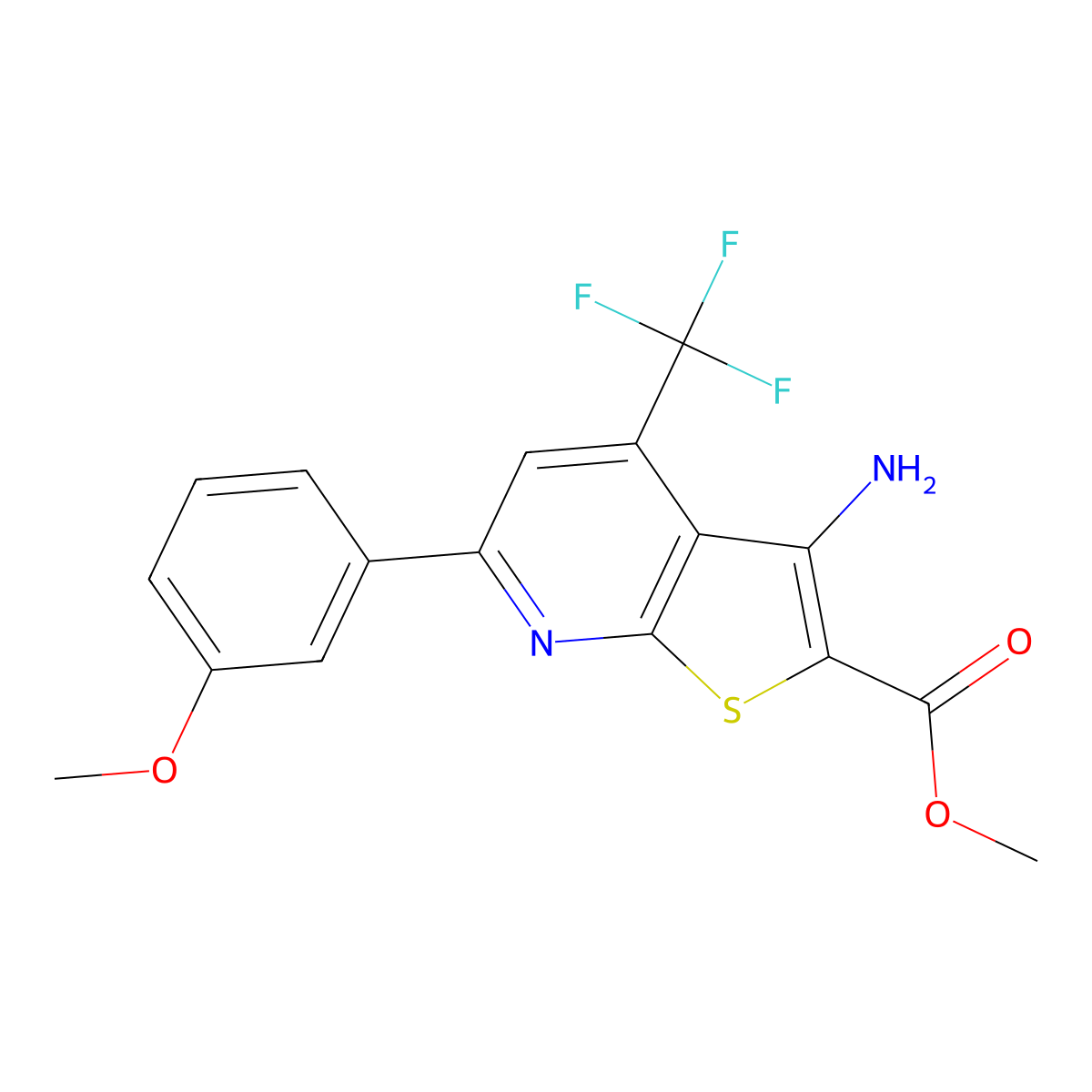 Methyl 3-amino-6-(3-methoxyphenyl)-4-(trifluoromethyl)thieno[2,3-b]pyridine-2-carboxylate molecular structure, CAS 625377-36-8