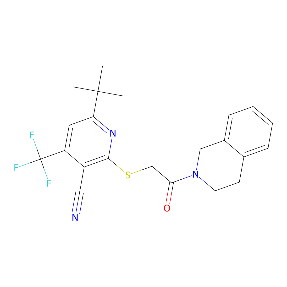6-(tert-butyl)-2-({2-[3,4-dihydro-2(1H)-isoquinolinyl]-2-oxoethyl}sulfanyl)-4-(trifluoromethyl)nicotinonitrile molecular structure, CAS 625377-41-5