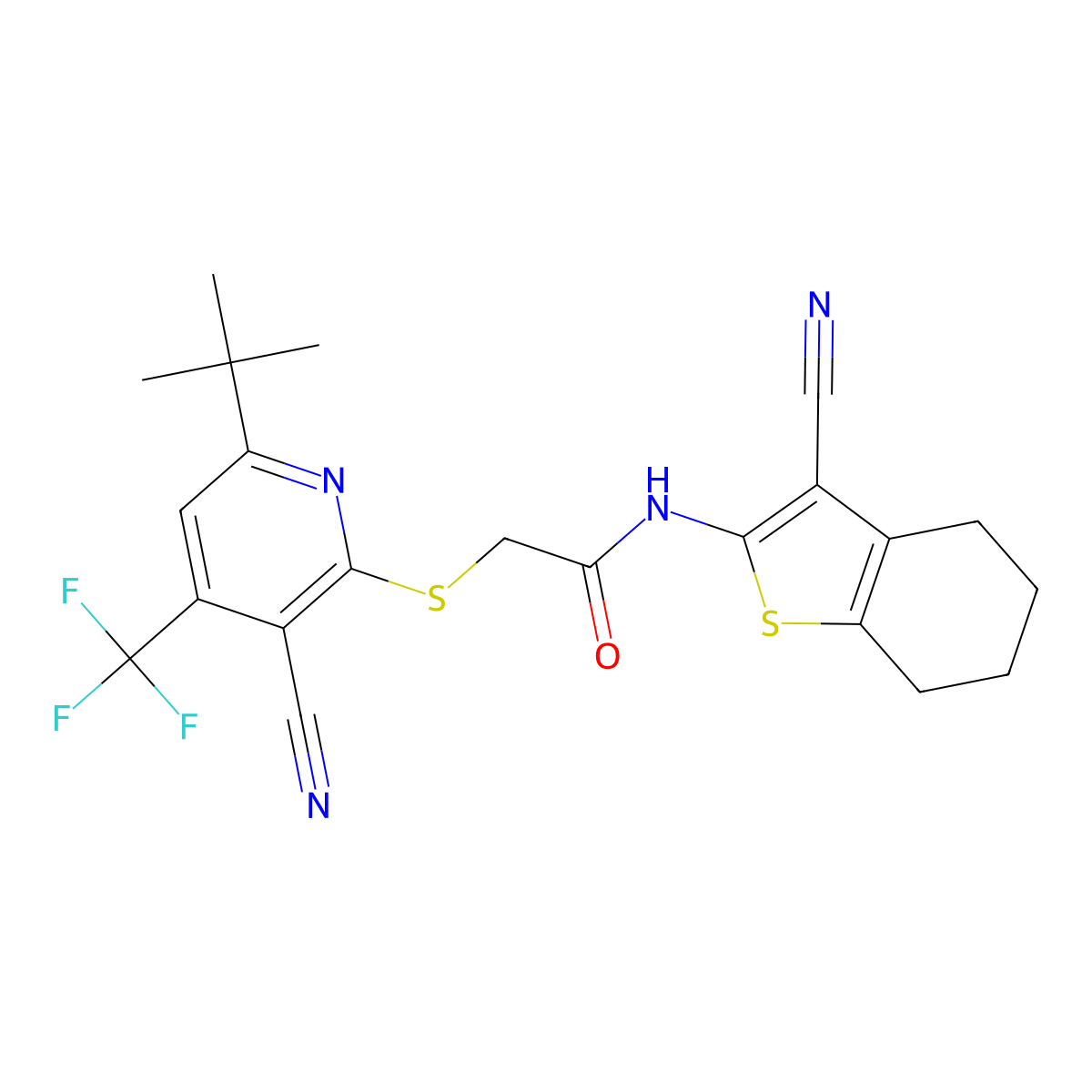 2-((6-(Tert-butyl)-3-cyano-4-(trifluoromethyl)pyridin-2-yl)thio)-N-(3-cyano-4,5,6,7-tetrahydrobenzo[b]thiophen-2-yl)acetamide molecular structure, CAS 625377-42-6