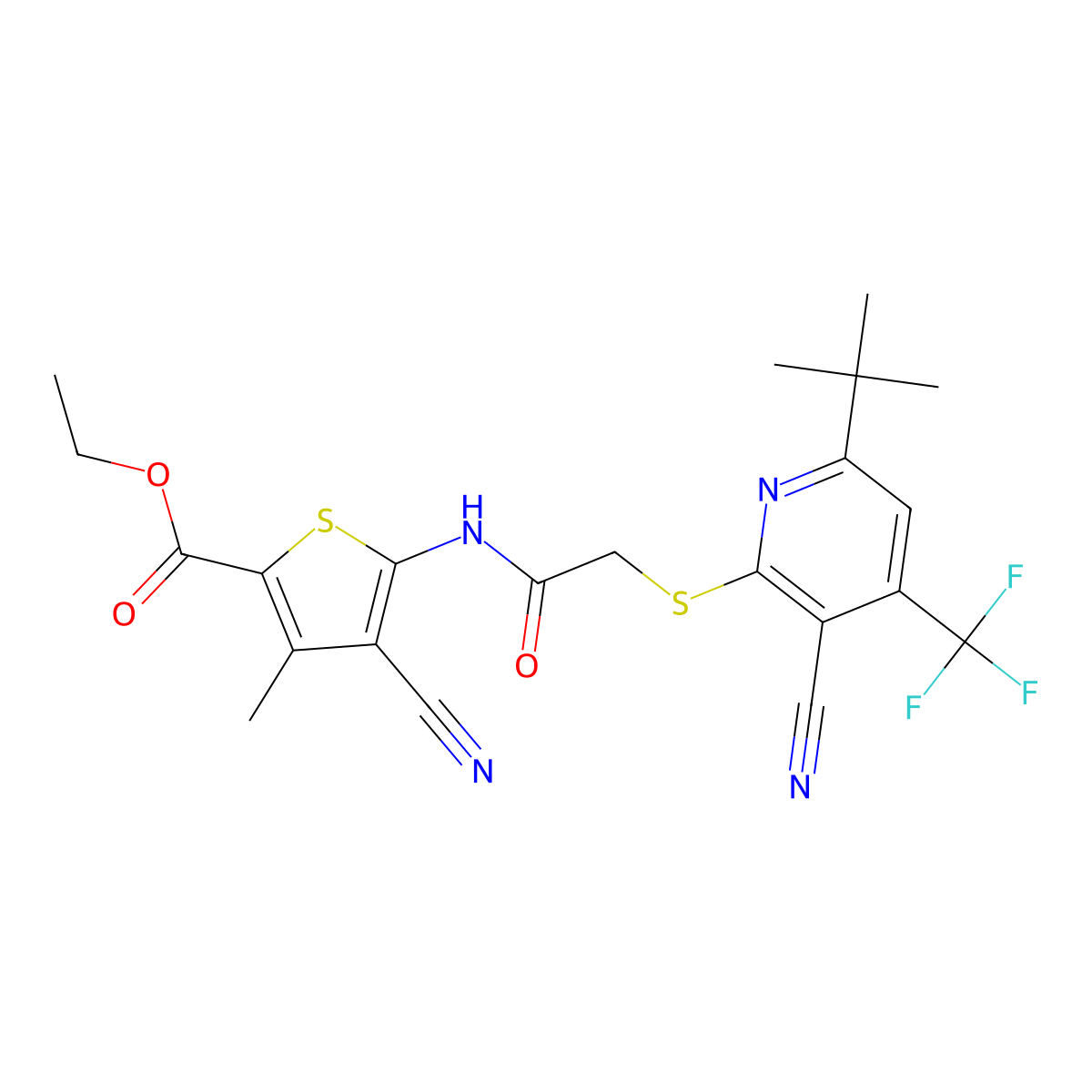 Ethyl 5-[[2-[6-tert-butyl-3-cyano-4-(trifluoromethyl)pyridin-2-yl]sulfanylacetyl]amino]-4-cyano-3-methylthiophene-2-carboxylate molecular structure, CAS 625377-43-7