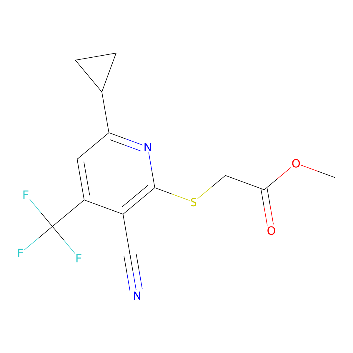 2-[[3-Cyano-6-cyclopropyl-4-(trifluoromethyl)-2-pyridinyl]thio]acetic acid methyl ester molecular structure, CAS 625377-45-9
