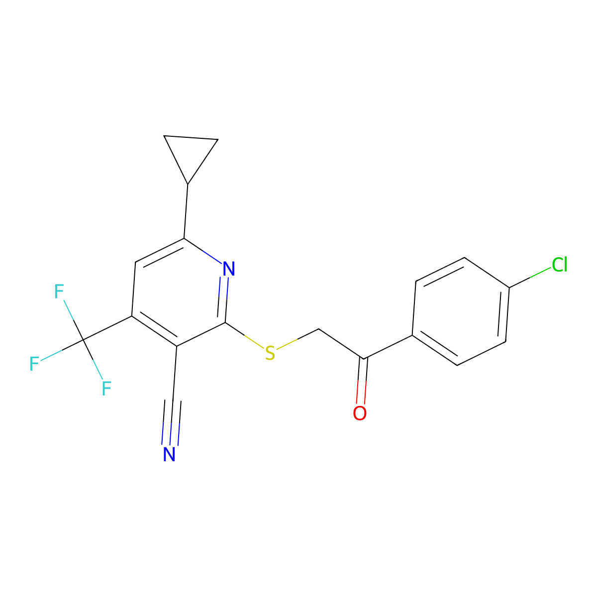 2-{[2-(4-Chlorophenyl)-2-oxoethyl]sulfanyl}-6-cyclopropyl-4-(trifluoromethyl)nicotinonitrile molecular structure, CAS 625377-46-0