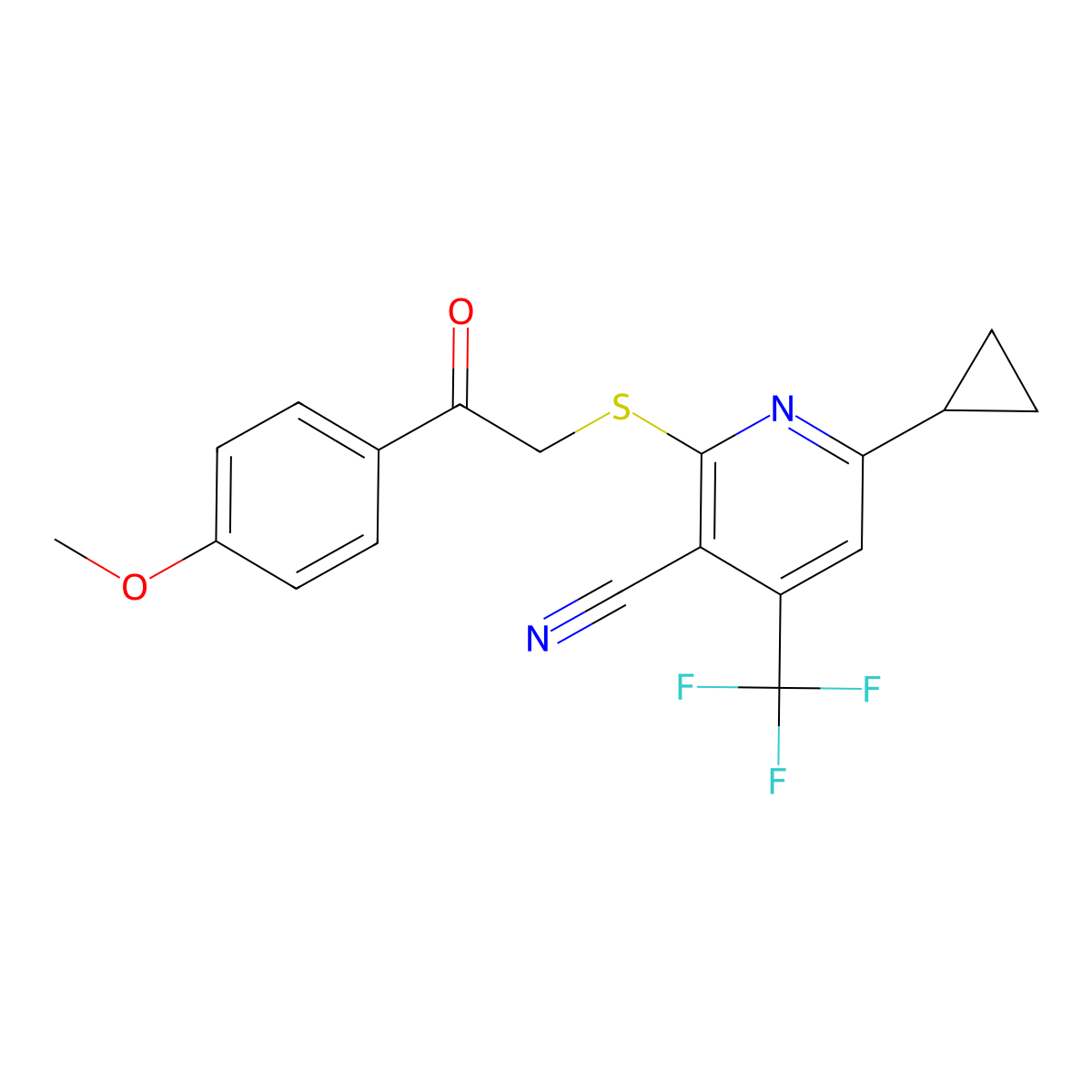 6-Cyclopropyl-2-{[2-(4-methoxyphenyl)-2-oxoethyl]sulfanyl}-4-(trifluoromethyl)pyridine-3-carbonitrile molecular structure, CAS 625377-47-1