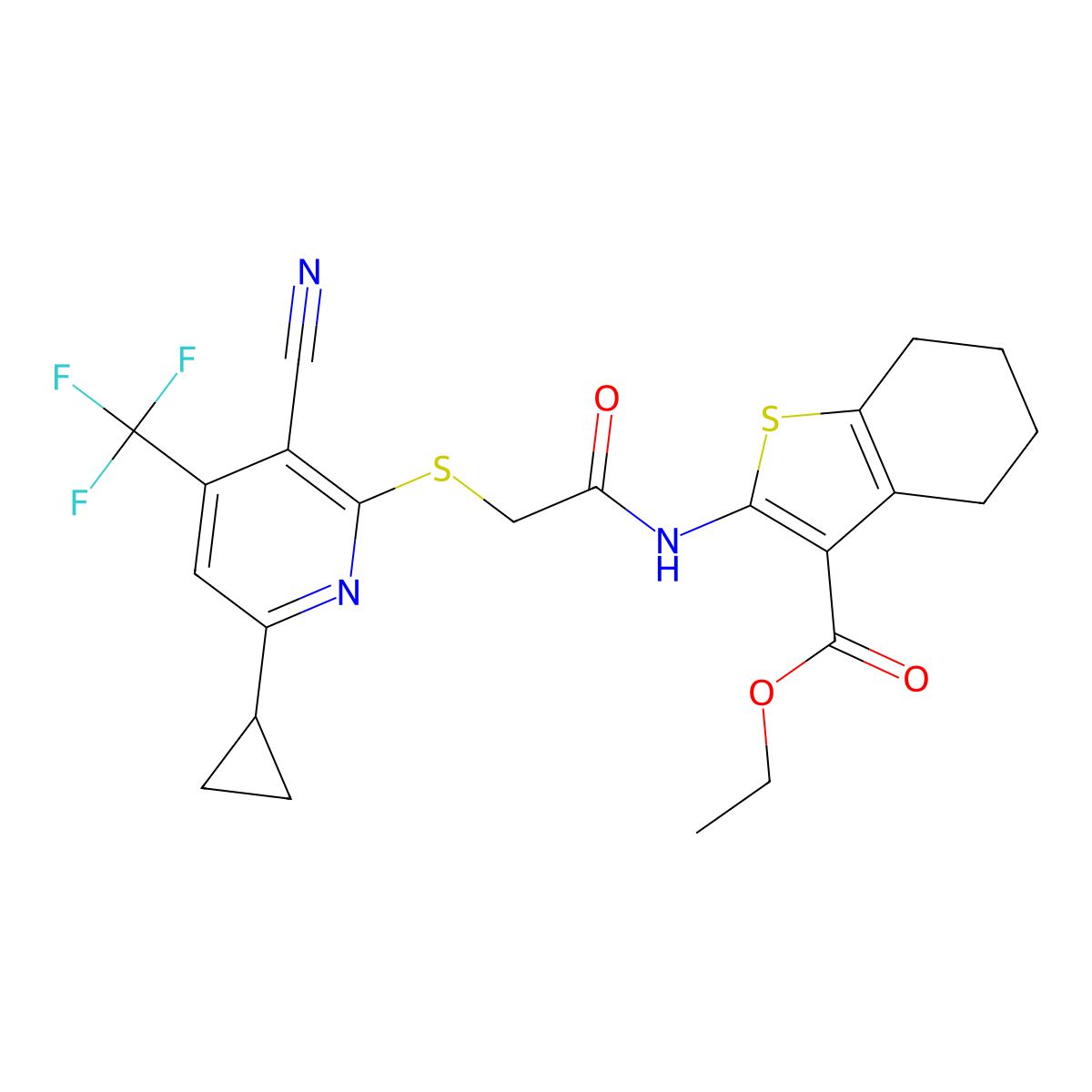 Ethyl 2-[[2-[3-cyano-6-cyclopropyl-4-(trifluoromethyl)pyridin-2-yl]sulfanylacetyl]amino]-4,5,6,7-tetrahydro-1-benzothiophene-3-carboxylate molecular structure, CAS 625377-49-3