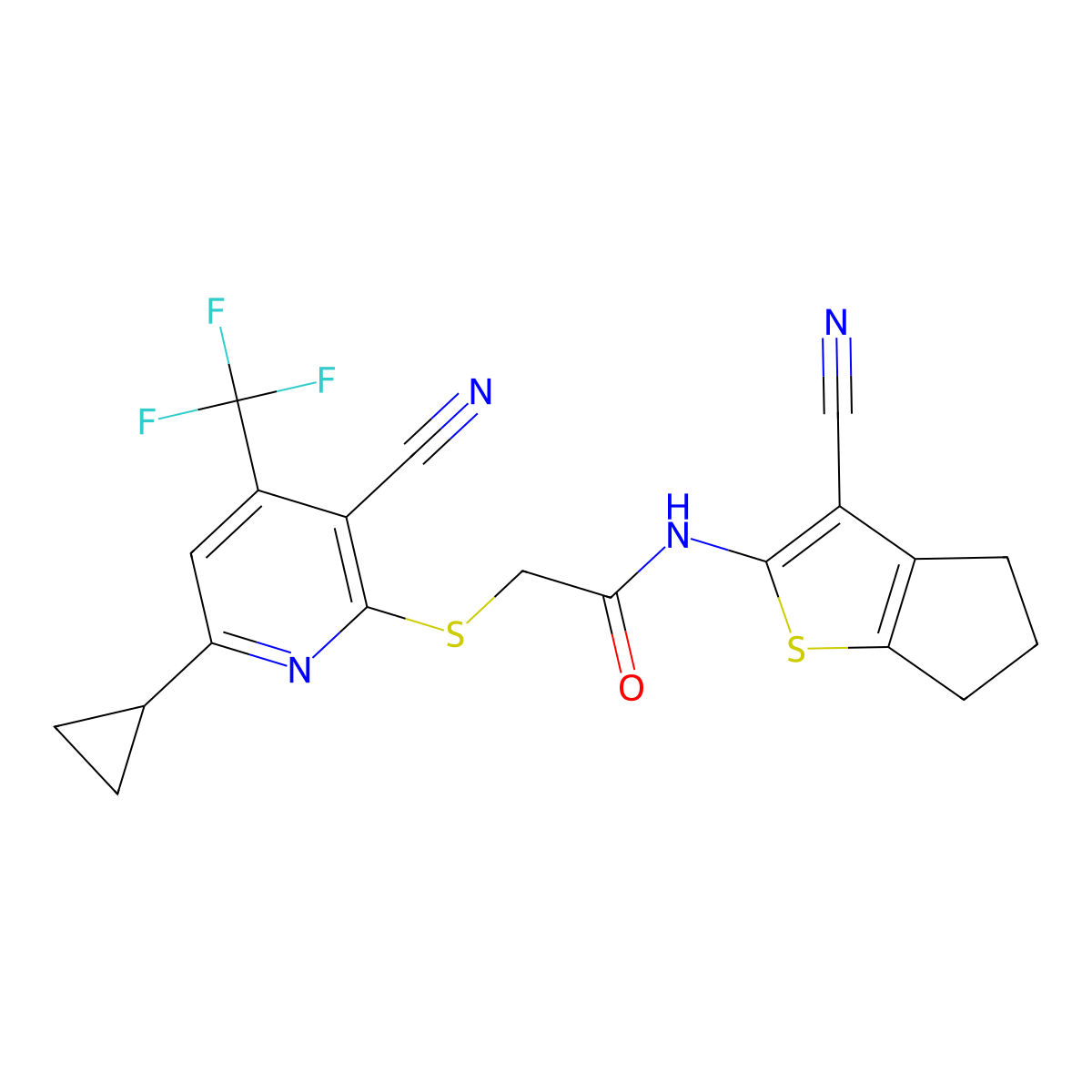 2-[3-cyano-6-cyclopropyl-4-(trifluoromethyl)pyridin-2-yl]sulfanyl-N-(3-cyano-5,6-dihydro-4H-cyclopenta[b]thiophen-2-yl)acetamide molecular structure, CAS 625377-50-6