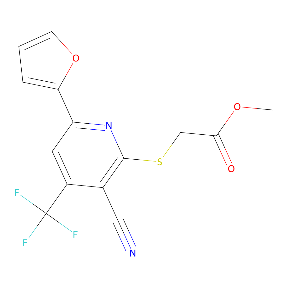 Methyl 2-((3-cyano-6-(furan-2-yl)-4-(trifluoromethyl)pyridin-2-yl)thio)acetate molecular structure, CAS 625377-51-7