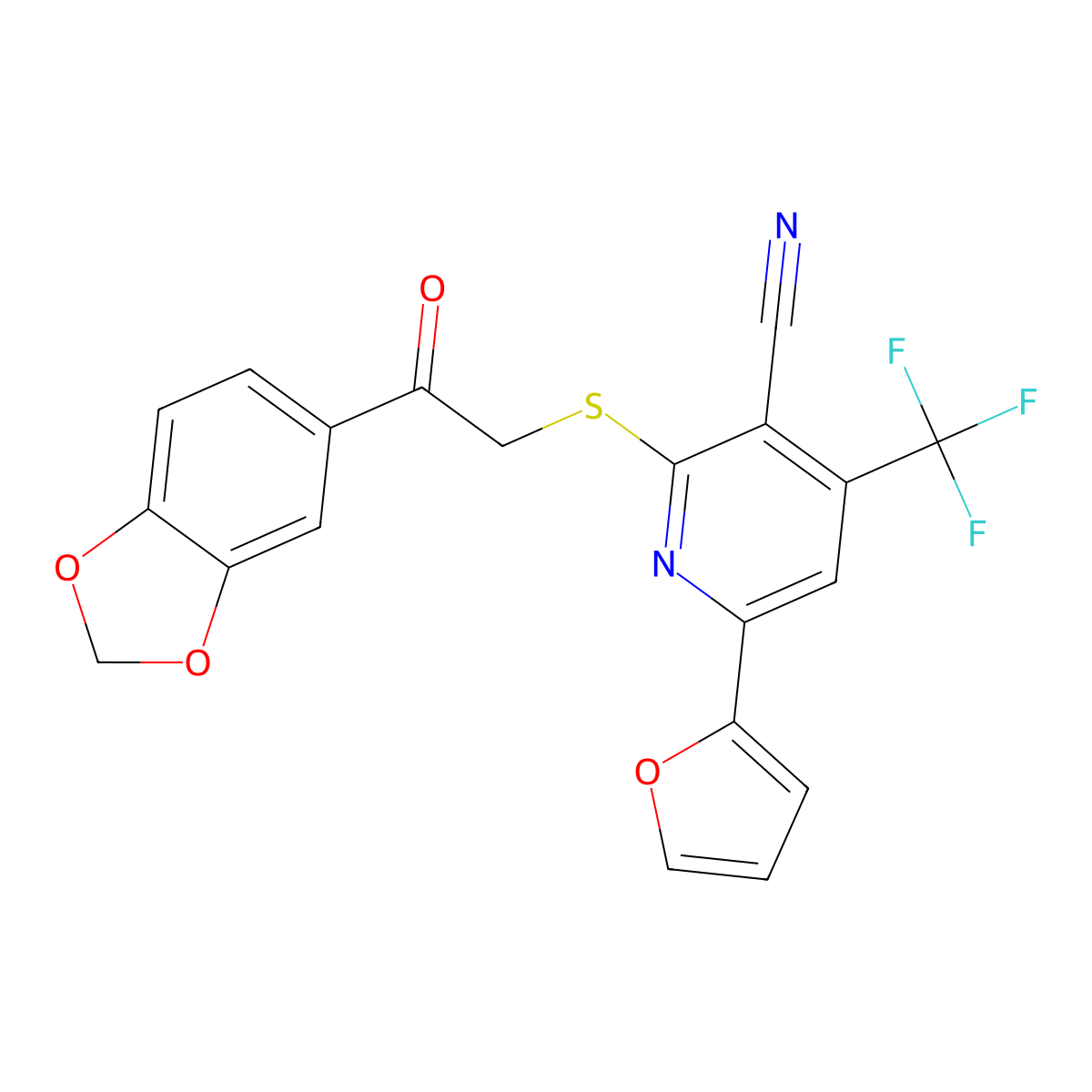 2-((2-(Benzo[d][1,3]dioxol-5-yl)-2-oxoethyl)thio)-6-(furan-2-yl)-4-(trifluoromethyl)nicotinonitrile molecular structure, CAS 625377-52-8