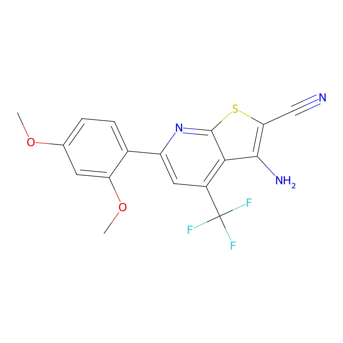 3-Amino-6-(2,4-dimethoxyphenyl)-4-(trifluoromethyl)thieno[2,3-b]pyridine-2-carbonitrile molecular structure, CAS 625377-57-3