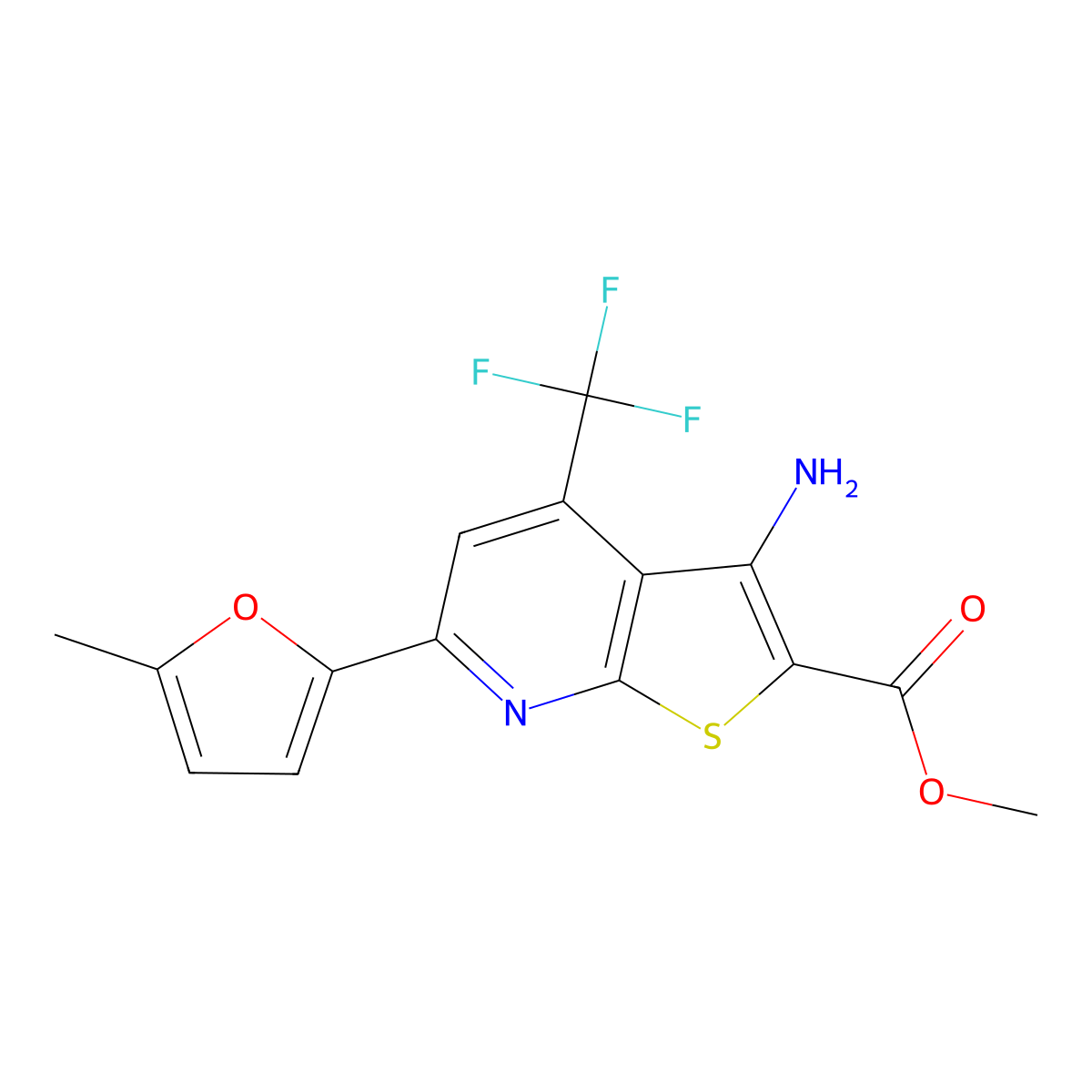 Methyl 3-amino-6-(5-methylfuran-2-yl)-4-(trifluoromethyl)thieno[2,3-b]pyridine-2-carboxylate molecular structure, CAS 625377-65-3