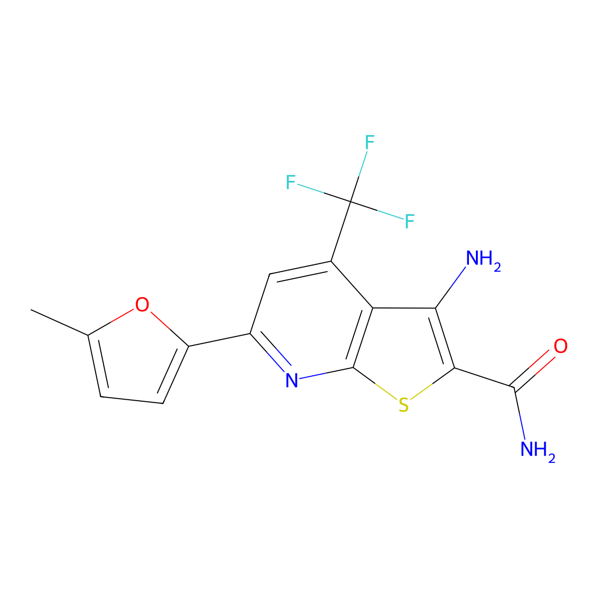 3-Amino-6-(5-methylfuran-2-yl)-4-(trifluoromethyl)thieno[2,3-b]pyridine-2-carboxamide molecular structure, CAS 625377-66-4