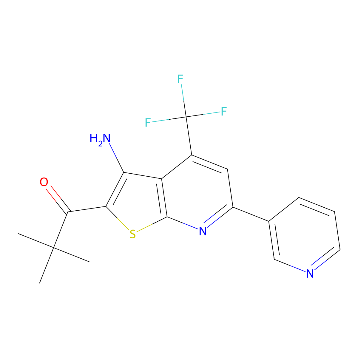 1-[3-Amino-6-pyridin-3-yl-4-(trifluoromethyl)thieno[2,3-b]pyridin-2-yl]-2,2-dimethylpropan-1-one molecular structure, CAS 625377-69-7