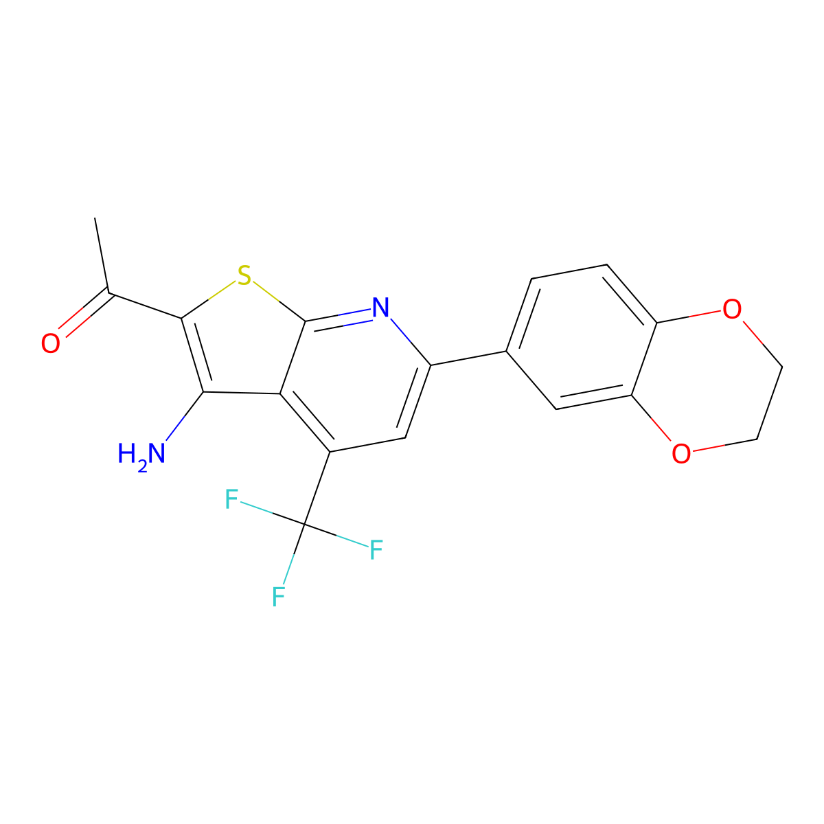 1-[3-Amino-6-(2,3-dihydro-1,4-benzodioxin-6-yl)-4-(trifluoromethyl)thieno[2,3-b]pyridin-2-yl]ethanone molecular structure, CAS 625377-76-6