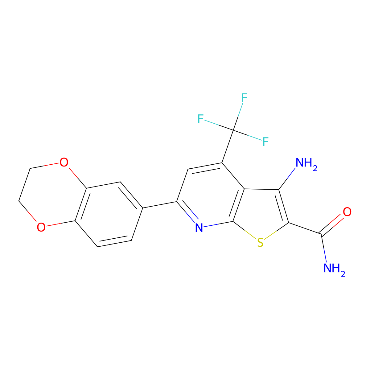 3-Amino-6-(2,3-dihydro-1,4-benzodioxin-6-yl)-4-(trifluoromethyl)thieno[2,3-b]pyridine-2-carboxamide molecular structure, CAS 625377-77-7