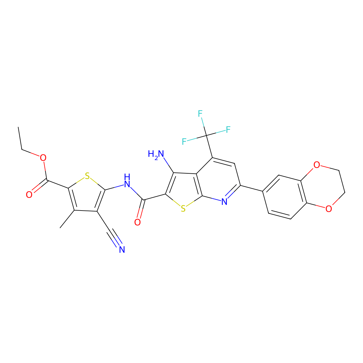 Ethyl 5-({[3-amino-6-(2,3-dihydro-1,4-benzodioxin-6-yl)-4-(trifluoromethyl)thieno[2,3-b]pyridin-2-yl]carbonyl}amino)-4-cyano-3-methyl-2-thiophenecarboxylate molecular structure, CAS 625377-78-8