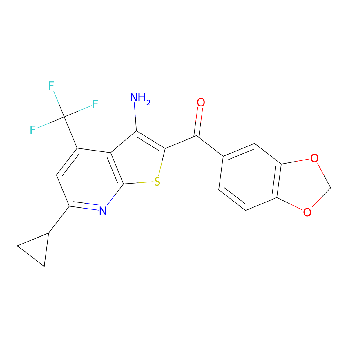 [3-Amino-6-cyclopropyl-4-(trifluoromethyl)thieno[2,3-b]pyridin-2-yl](1,3-benzodioxol-5-yl)methanone molecular structure, CAS 625377-80-2