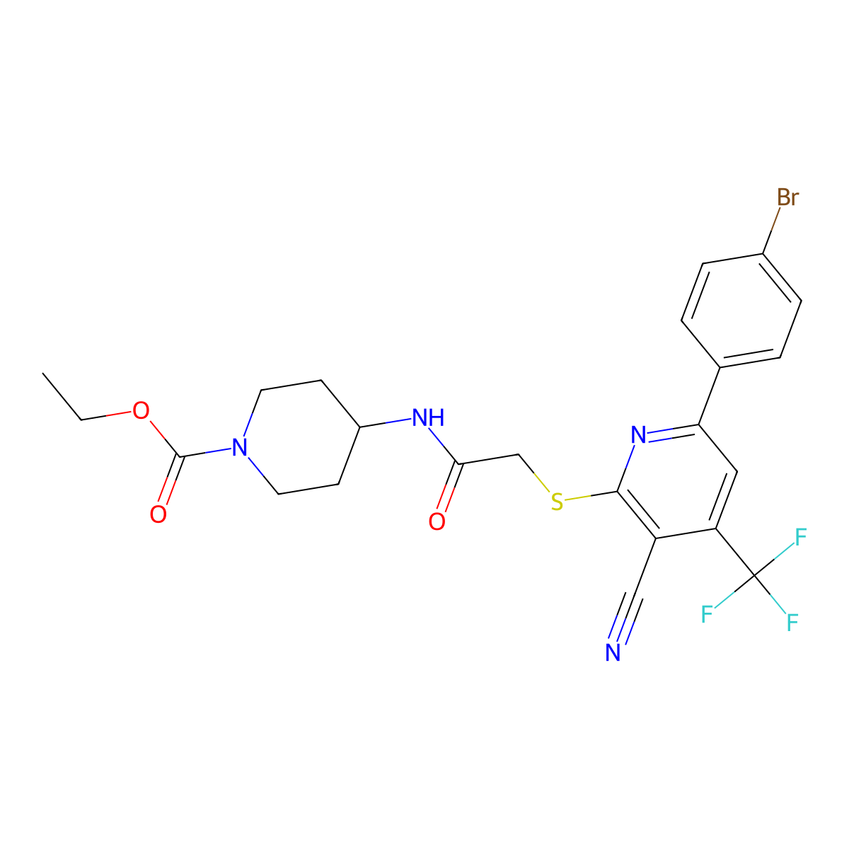 ethyl 4-[(2-{[6-(4-bromophenyl)-3-cyano-4-(trifluoromethyl)-2-pyridinyl]sulfanyl}acetyl)amino]tetrahydro-1(2H)-pyridinecarboxylate molecular structure, CAS 625377-92-6