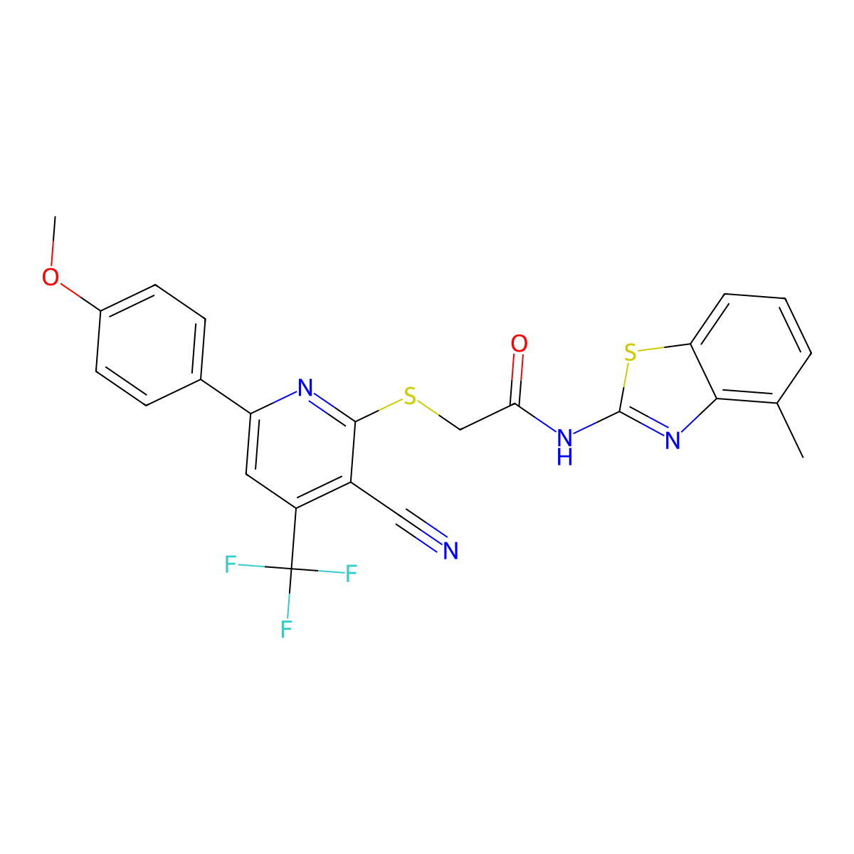 2-[3-cyano-6-(4-methoxyphenyl)-4-(trifluoromethyl)pyridin-2-yl]sulfanyl-N-(4-methyl-1,3-benzothiazol-2-yl)acetamide molecular structure, CAS 625377-99-3