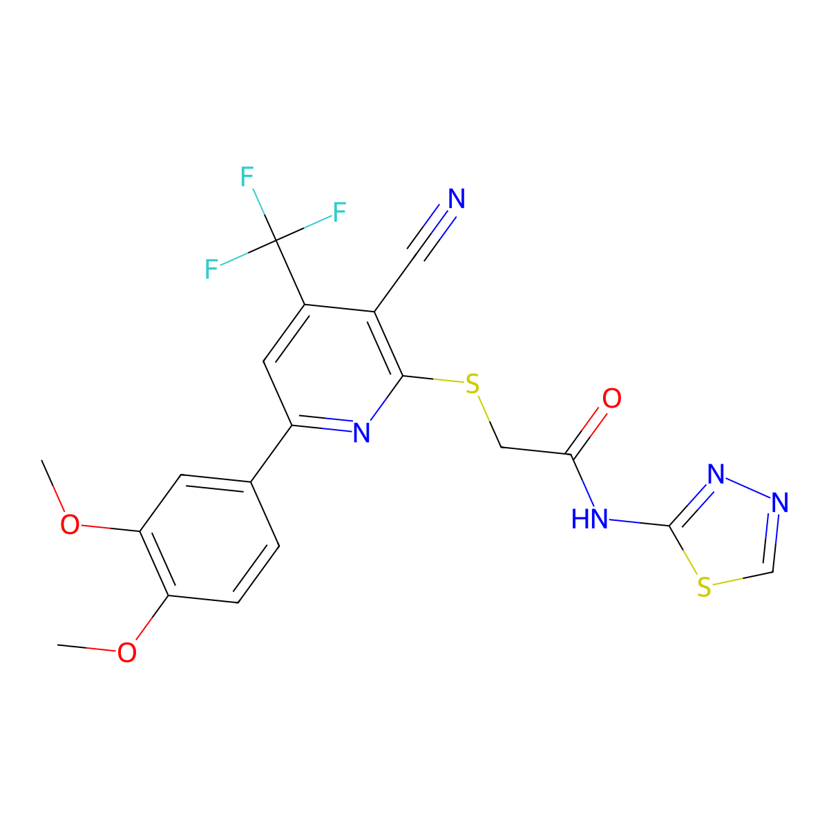 2-{[3-cyano-6-(3,4-dimethoxyphenyl)-4-(trifluoromethyl)-2-pyridinyl]sulfanyl}-N-(1,3,4-thiadiazol-2-yl)acetamide molecular structure, CAS 625378-03-2
