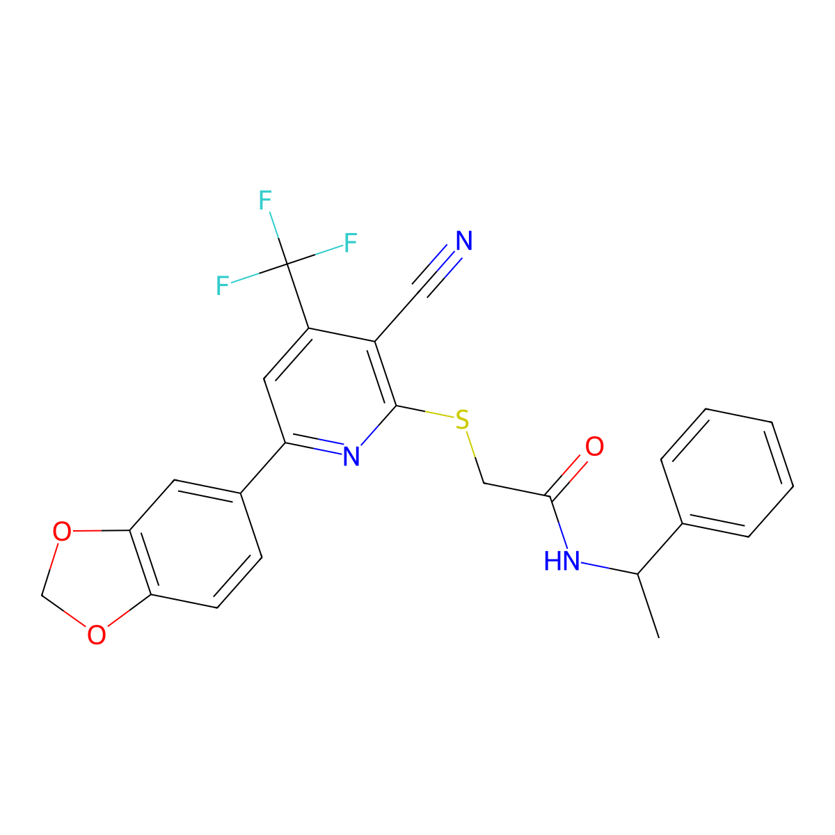 2-{[6-(1,3-benzodioxol-5-yl)-3-cyano-4-(trifluoromethyl)pyridin-2-yl]sulfanyl}-N-(1-phenylethyl)acetamide molecular structure, CAS 625378-05-4