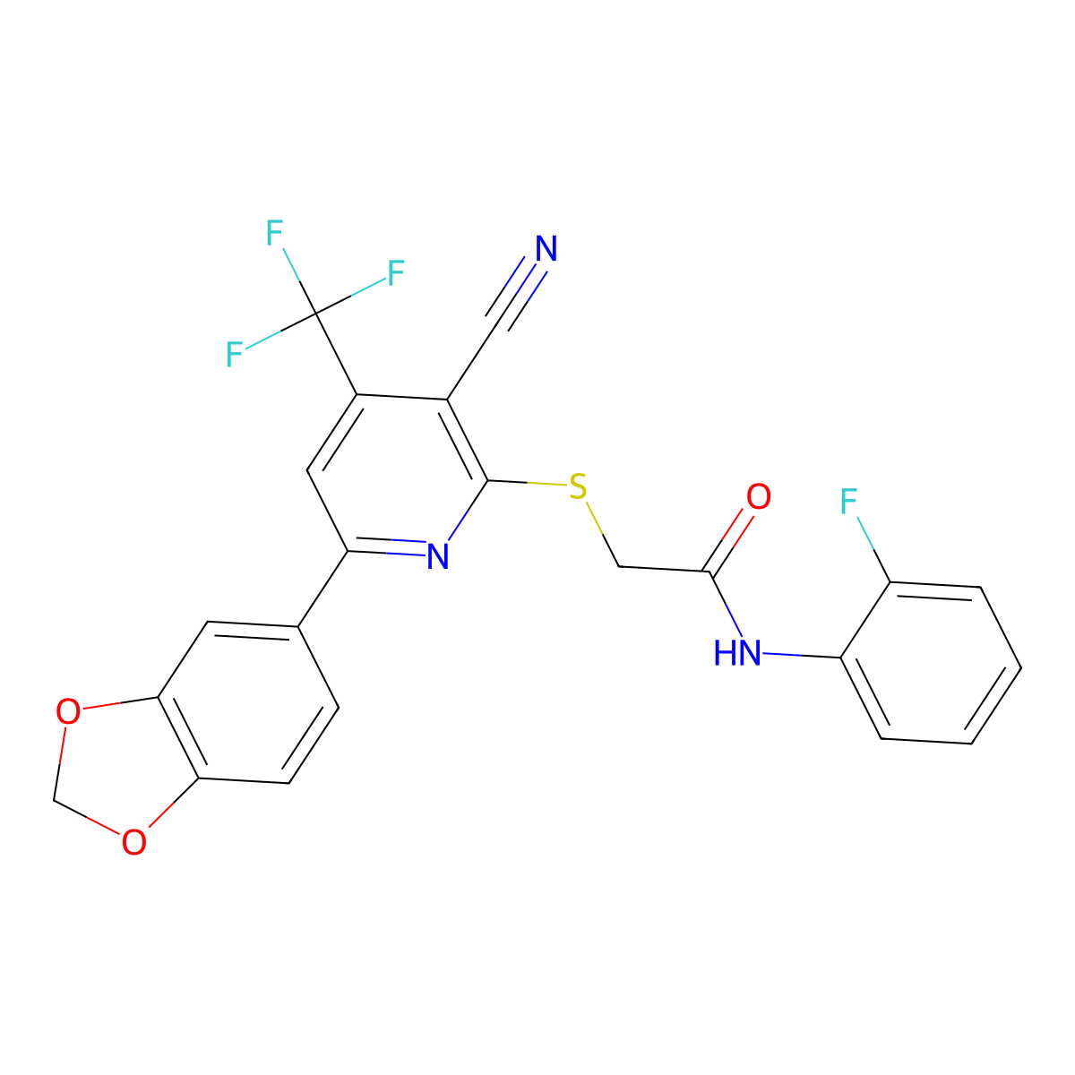 2-[6-(1,3-benzodioxol-5-yl)-3-cyano-4-(trifluoromethyl)pyridin-2-yl]sulfanyl-N-(2-fluorophenyl)acetamide molecular structure, CAS 625378-07-6