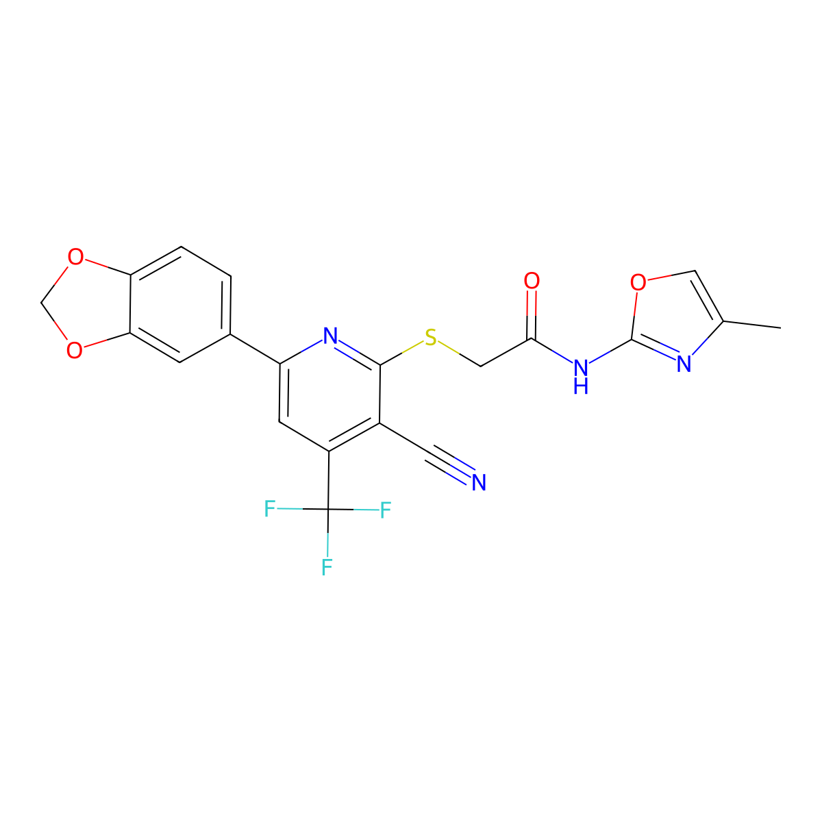 2-[6-(1,3-benzodioxol-5-yl)-3-cyano-4-(trifluoromethyl)pyridin-2-yl]sulfanyl-N-(4-methyl-1,3-oxazol-2-yl)acetamide molecular structure, CAS 625378-08-7