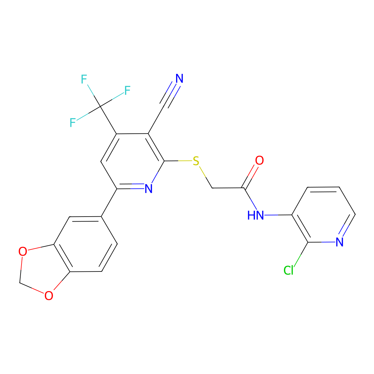 2-{[6-(1,3-benzodioxol-5-yl)-3-cyano-4-(trifluoromethyl)-2-pyridinyl]sulfanyl}-N-(2-chloro-3-pyridinyl)acetamide molecular structure, CAS 625378-09-8