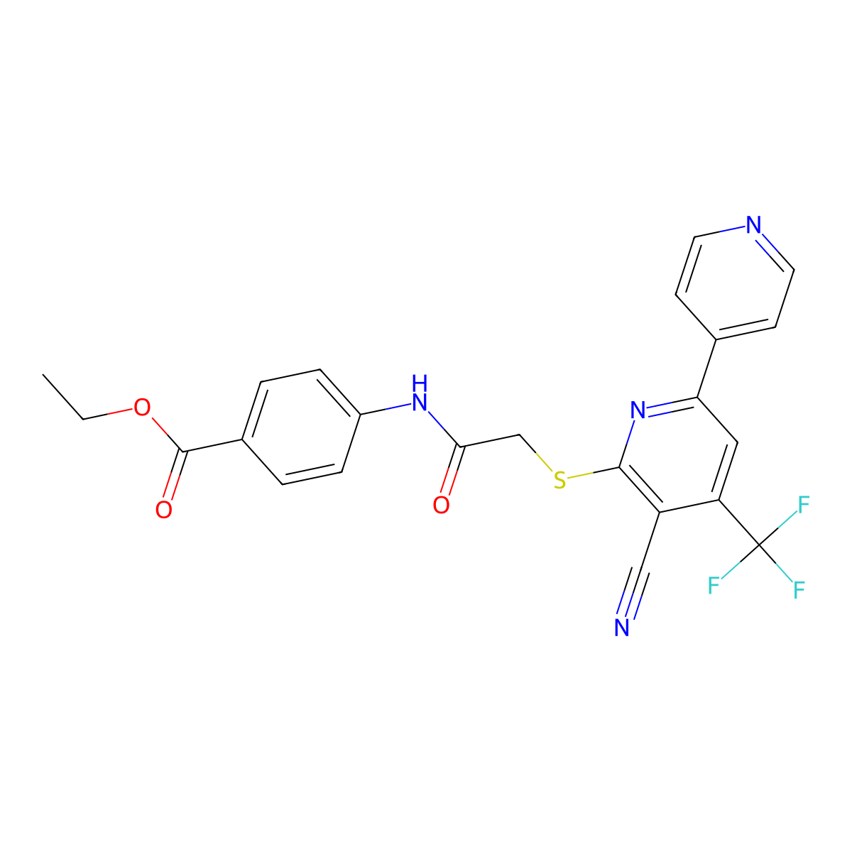 Ethyl 4-[[2-[3-cyano-6-pyridin-4-yl-4-(trifluoromethyl)pyridin-2-yl]sulfanylacetyl]amino]benzoate molecular structure, CAS 625378-12-3