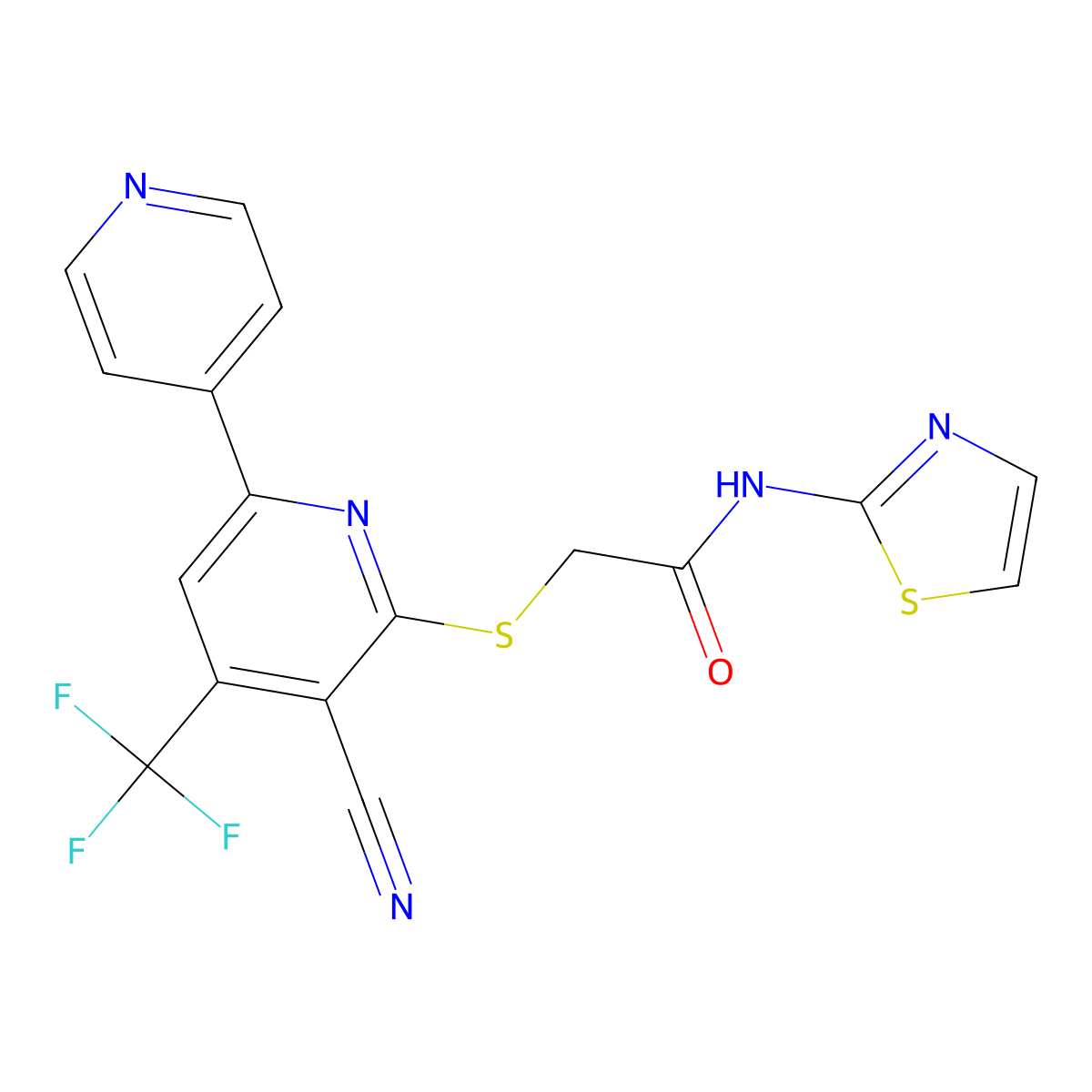 2-[3-cyano-6-pyridin-4-yl-4-(trifluoromethyl)pyridin-2-yl]sulfanyl-N-(1,3-thiazol-2-yl)acetamide molecular structure, CAS 625378-16-7