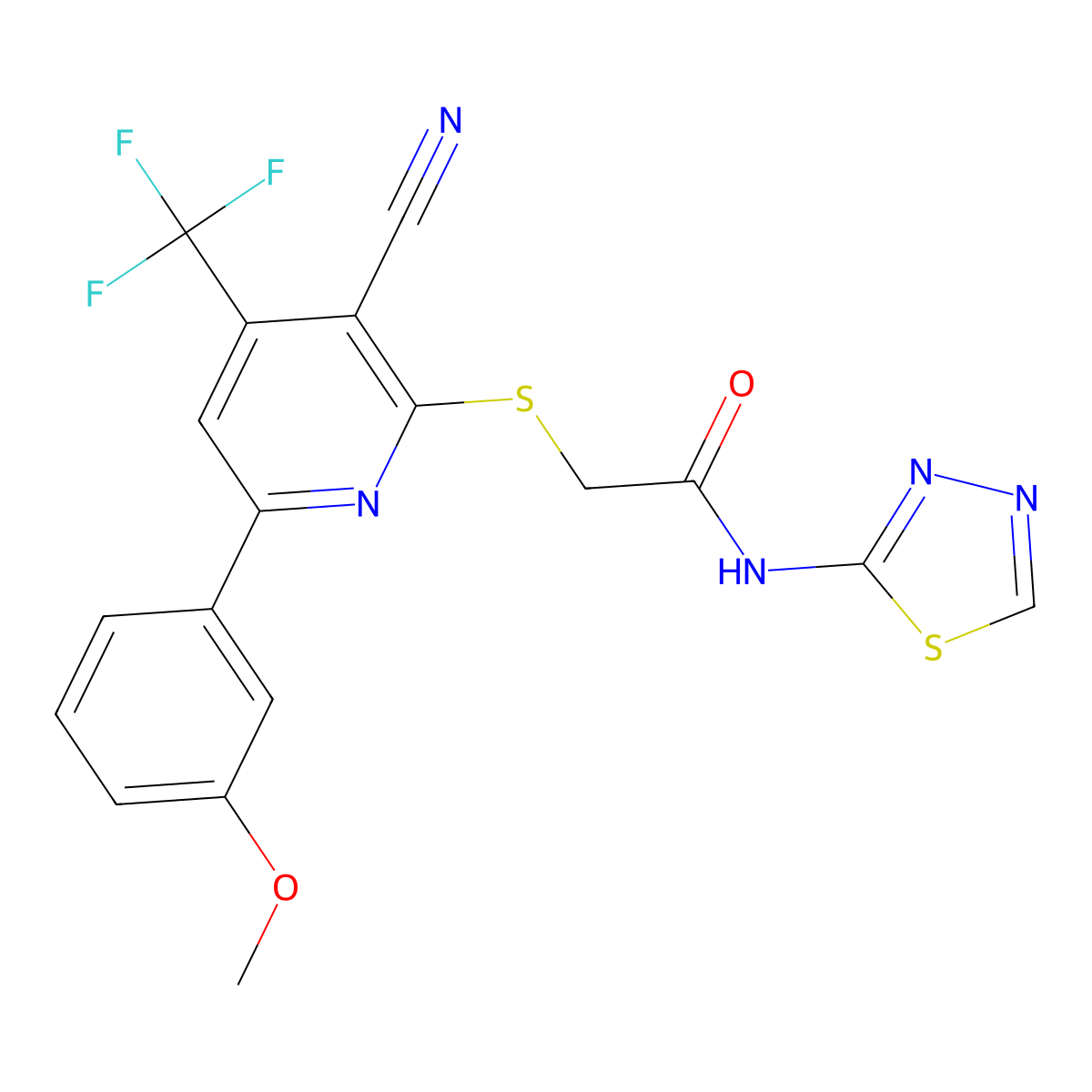 2-{[3-cyano-6-(3-methoxyphenyl)-4-(trifluoromethyl)-2-pyridinyl]sulfanyl}-N-(1,3,4-thiadiazol-2-yl)acetamide molecular structure, CAS 625378-18-9