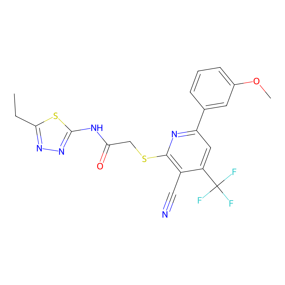 2-{[3-cyano-6-(3-methoxyphenyl)-4-(trifluoromethyl)pyridin-2-yl]sulfanyl}-N-(5-ethyl-1,3,4-thiadiazol-2-yl)acetamide molecular structure, CAS 625378-21-4