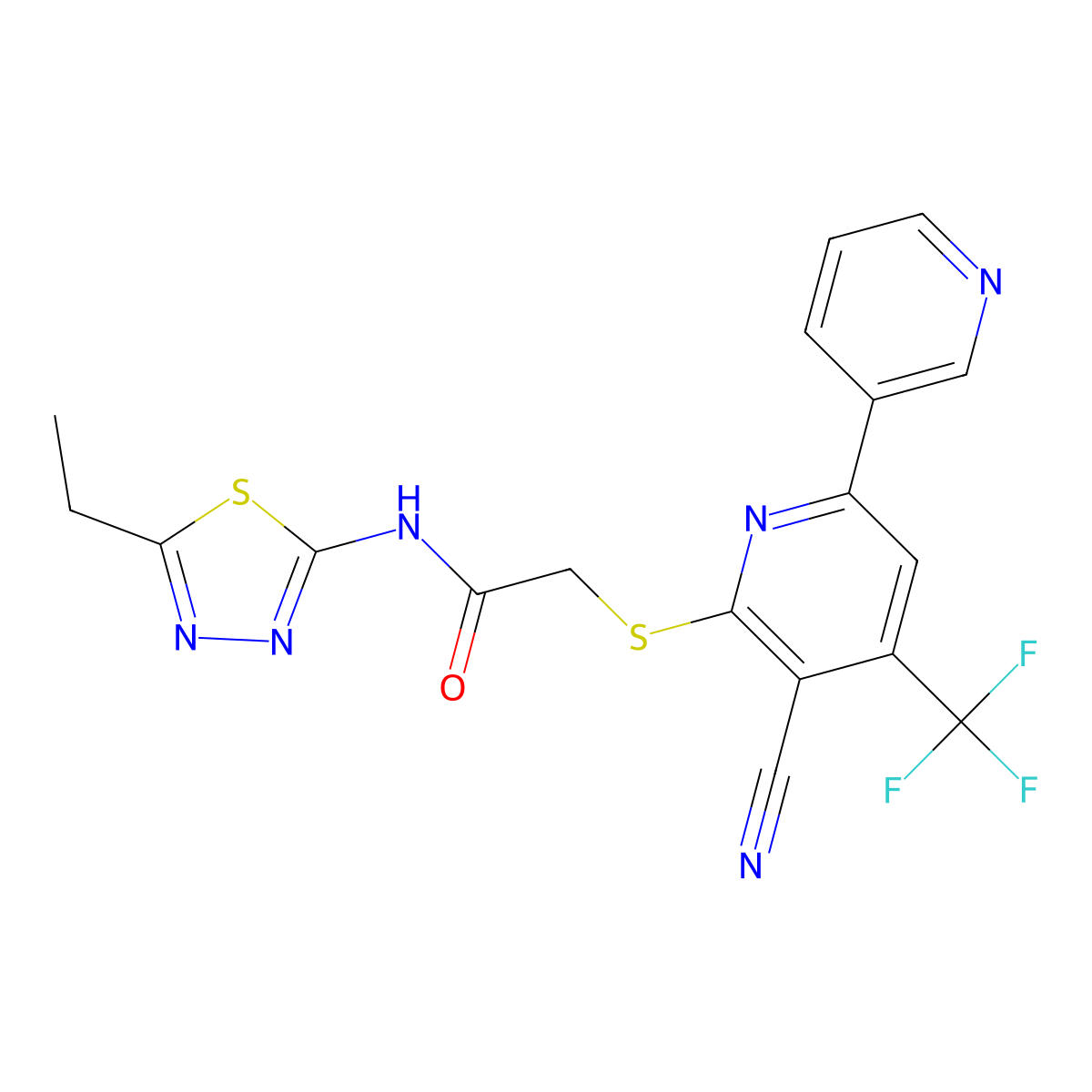 2-[3-cyano-6-pyridin-3-yl-4-(trifluoromethyl)pyridin-2-yl]sulfanyl-N-(5-ethyl-1,3,4-thiadiazol-2-yl)acetamide molecular structure, CAS 625378-23-6