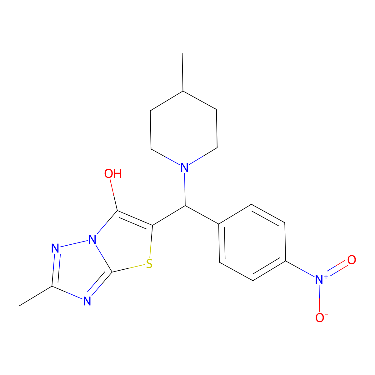 2-Methyl-5-((4-methylpiperidin-1-yl)(4-nitrophenyl)methyl)thiazolo[3,2-b][1,2,4]triazol-6-ol molecular structure, CAS 6256-16-2