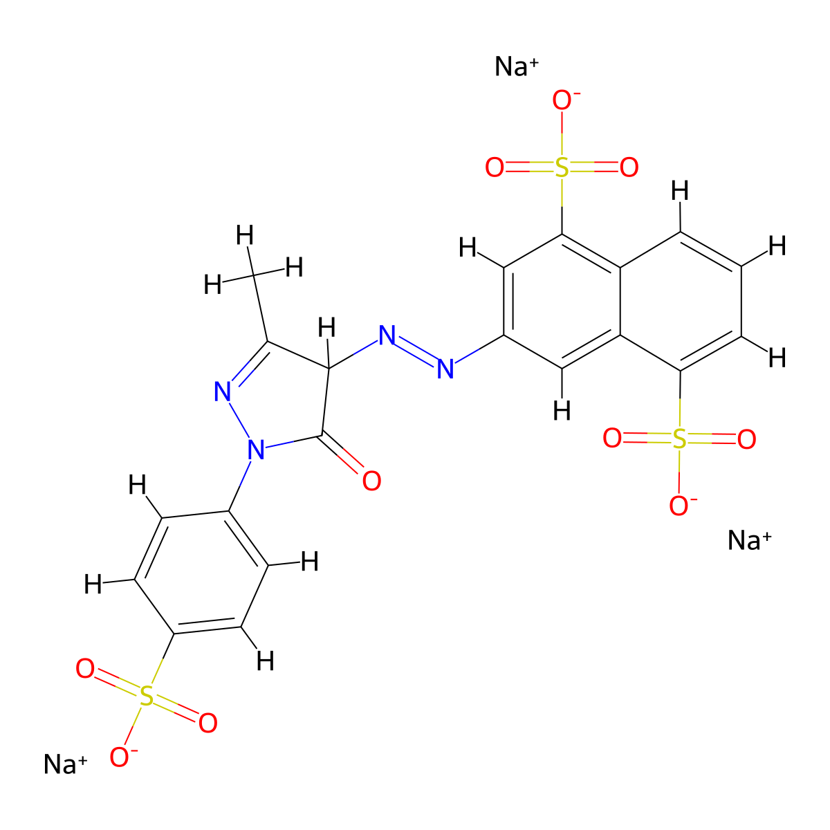 1,5-Naphthalenedisulfonic acid, 3-(2-(4,5-dihydro-3-methyl-5-oxo-1-(4-sulfophenyl)-1H-pyrazol-4-yl)diazenyl)-, sodium salt (1:3) molecular structure, CAS 62609-95-4