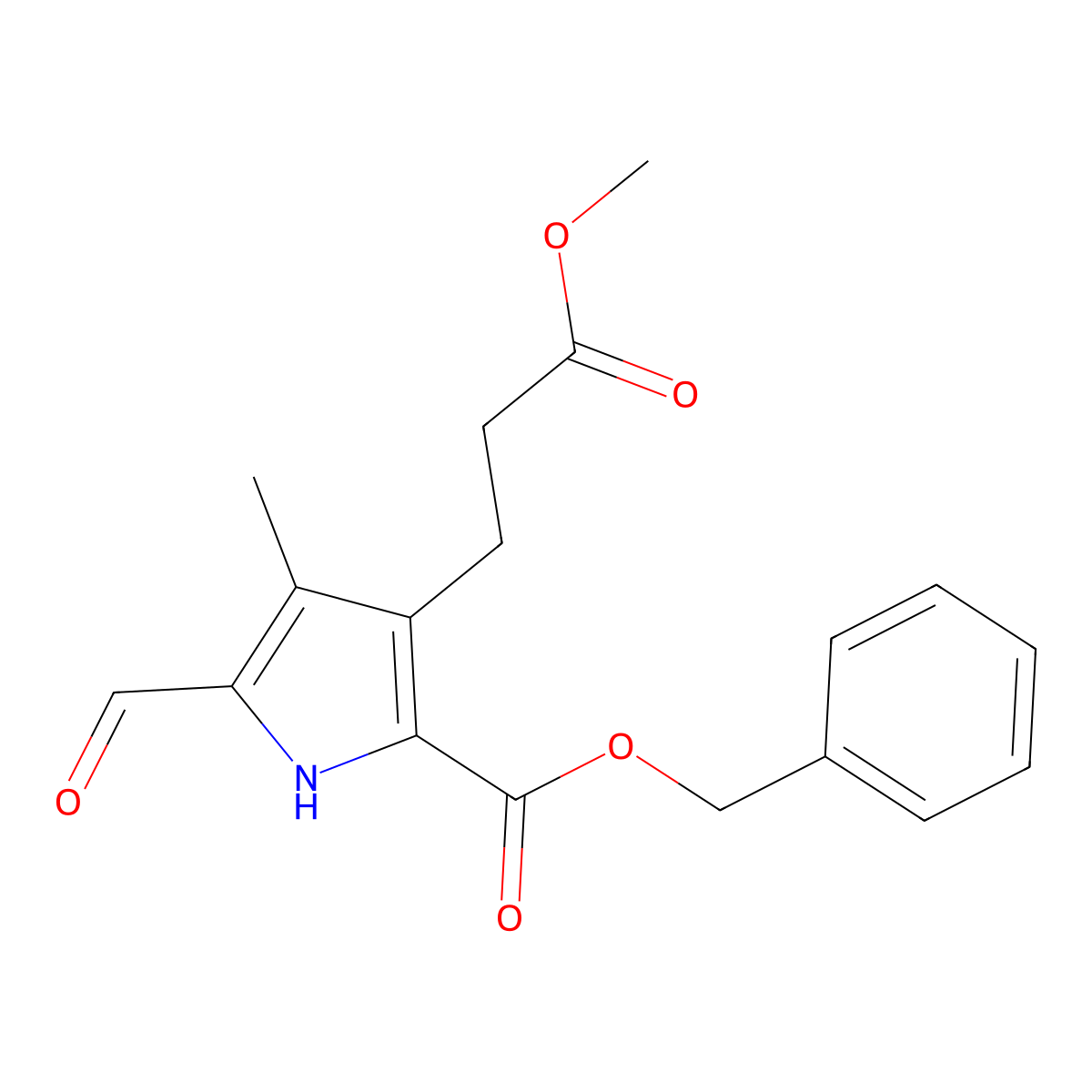 Benzyl 5-formyl-3-(3-methoxy-3-oxopropyl)-4-methyl-1H-pyrrole-2-carboxylate molecular structure, CAS 62618-53-5