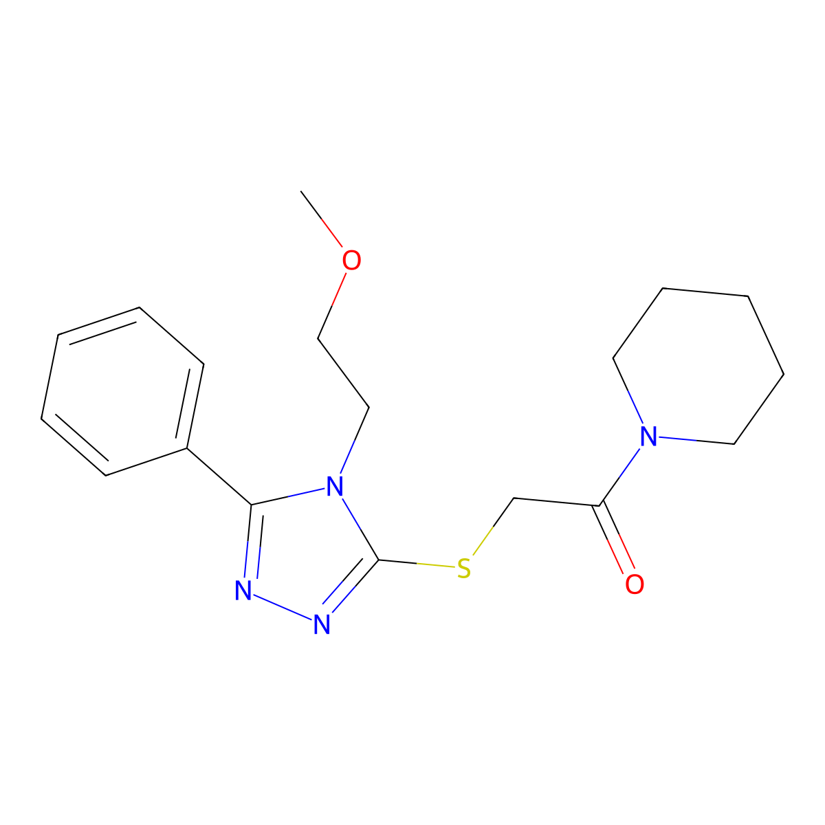 2-[[4-(2-Methoxyethyl)-5-phenyl-1,2,4-triazol-3-yl]sulfanyl]-1-piperidin-1-ylethanone molecular structure, CAS 626204-00-0