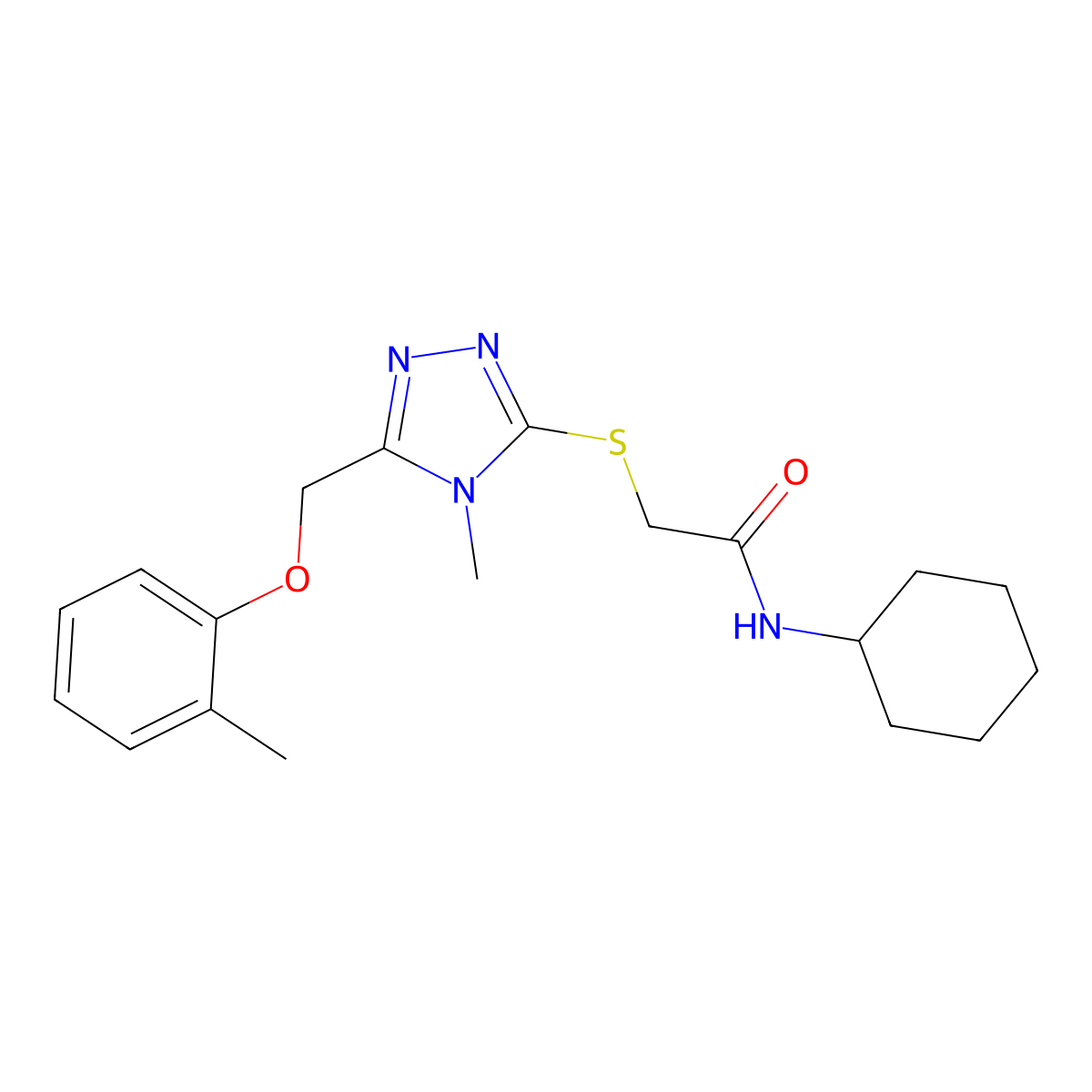 N-cyclohexyl-2-[[4-methyl-5-[(2-methylphenoxy)methyl]-1,2,4-triazol-3-yl]sulfanyl]acetamide molecular structure, CAS 626204-71-5