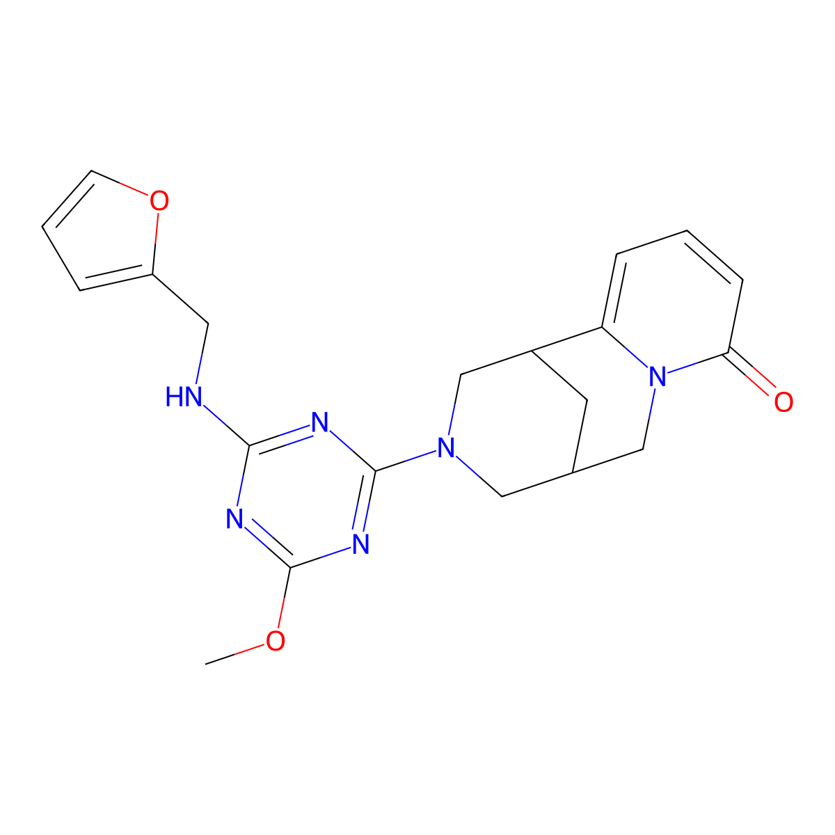 3-[4-[(2-Furanylmethyl)amino]-6-methoxy-1,3,5-triazin-2-yl]-1,2,3,4,5,6-hexahydro-1,5-methano-8H-pyrido[1,2-a][1,5]diazocin-8-one molecular structure, CAS 626205-18-3