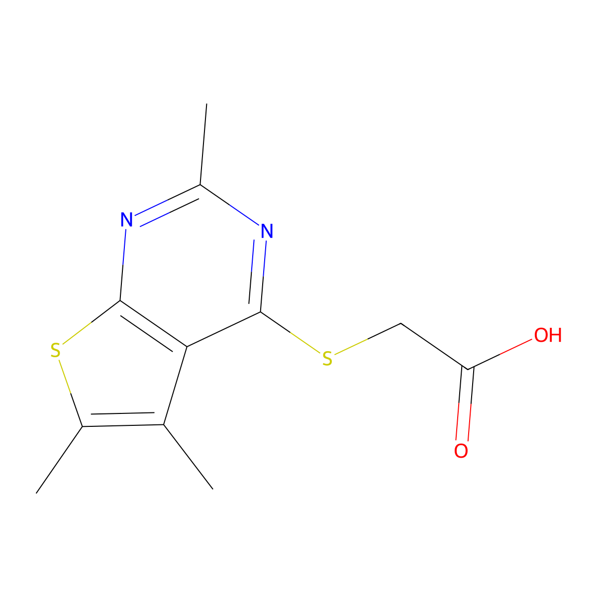 2-((Trimethylthieno(2,3-d)pyrimidin-4-yl)sulfanyl)acetic acid molecular structure, CAS 626205-90-1