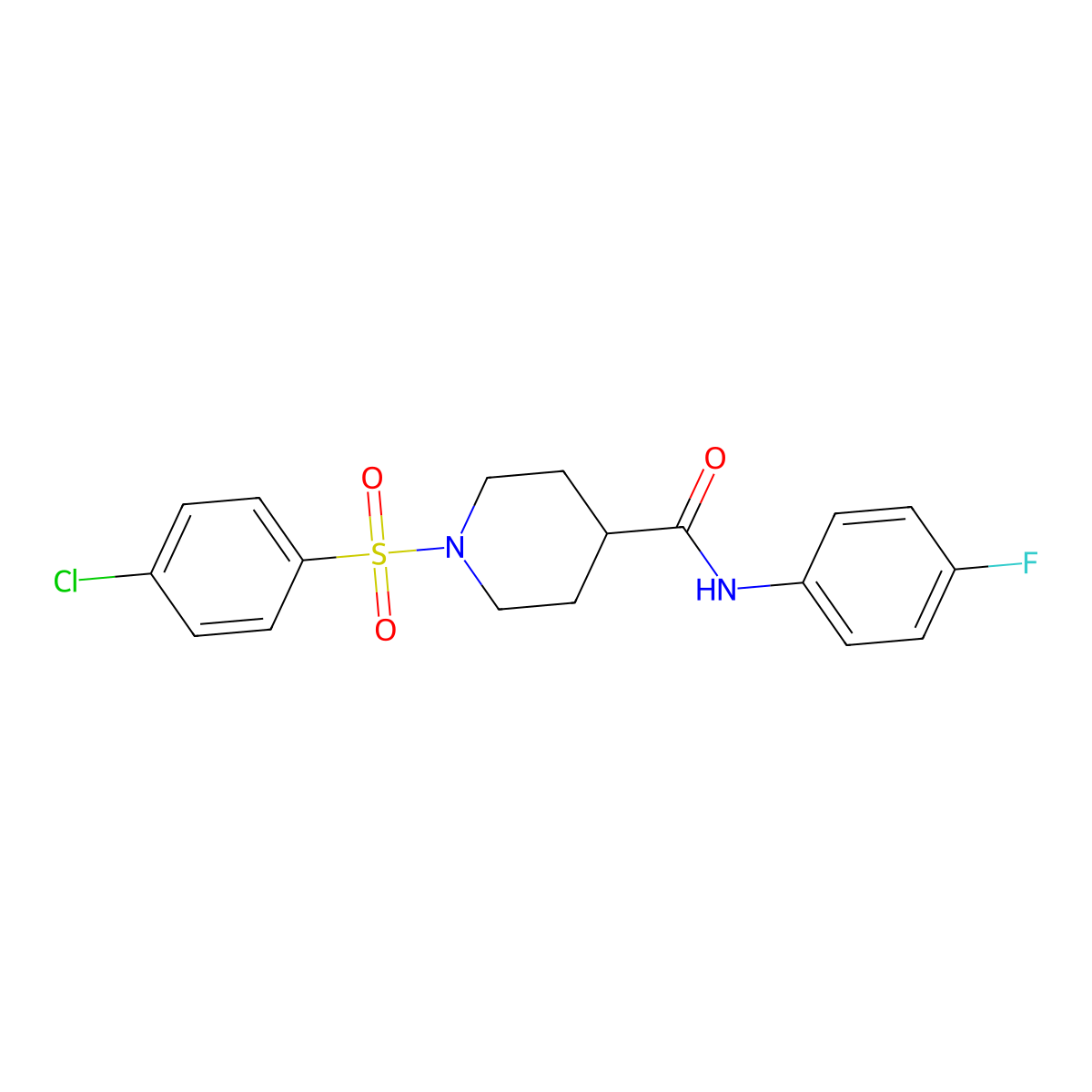 1-((4-chlorophenyl)sulfonyl)-N-(4-fluorophenyl)piperidine-4-carboxamide molecular structure, CAS 626206-07-3