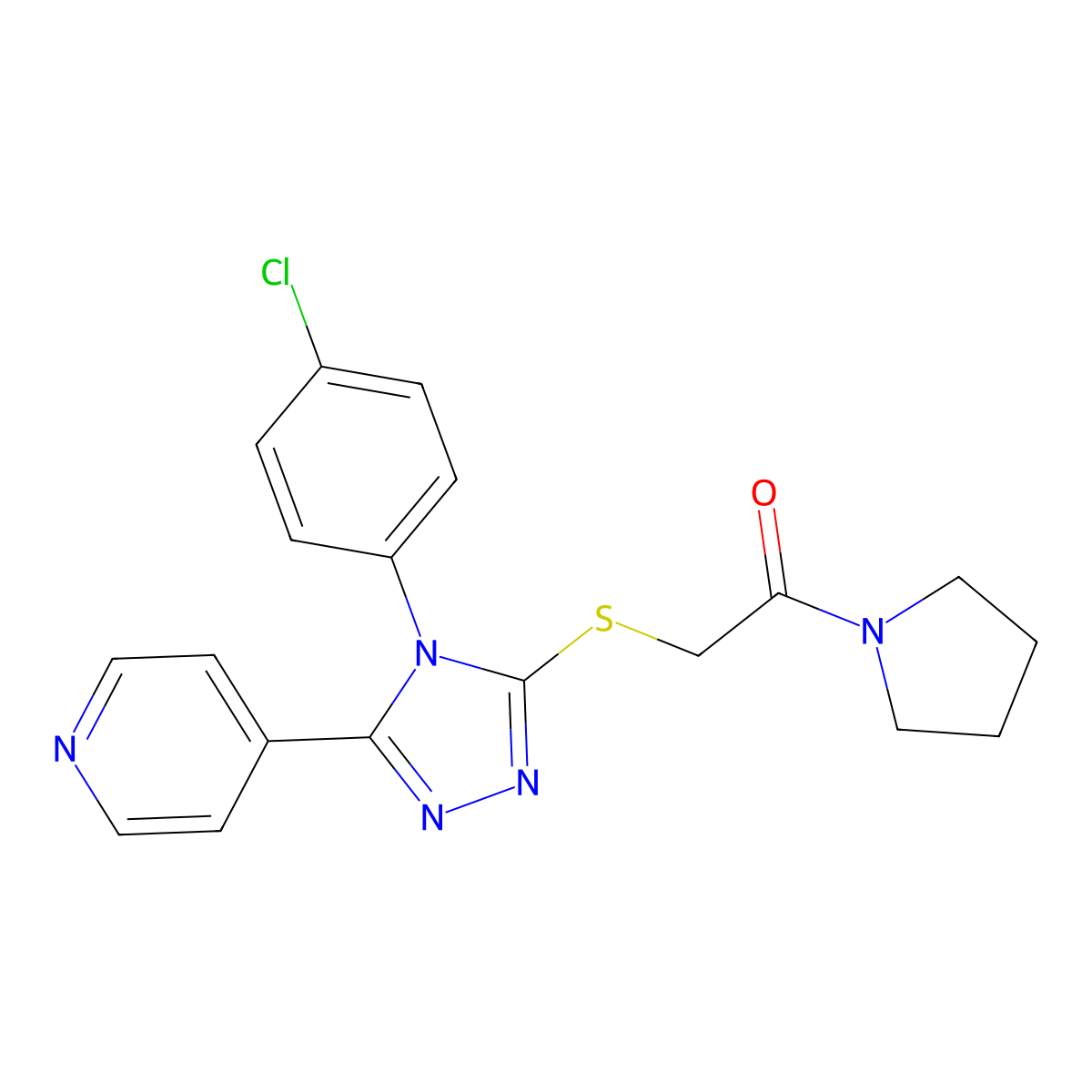 2-[[4-(4-Chlorophenyl)-5-pyridin-4-yl-1,2,4-triazol-3-yl]sulfanyl]-1-pyrrolidin-1-ylethanone molecular structure, CAS 626209-13-0