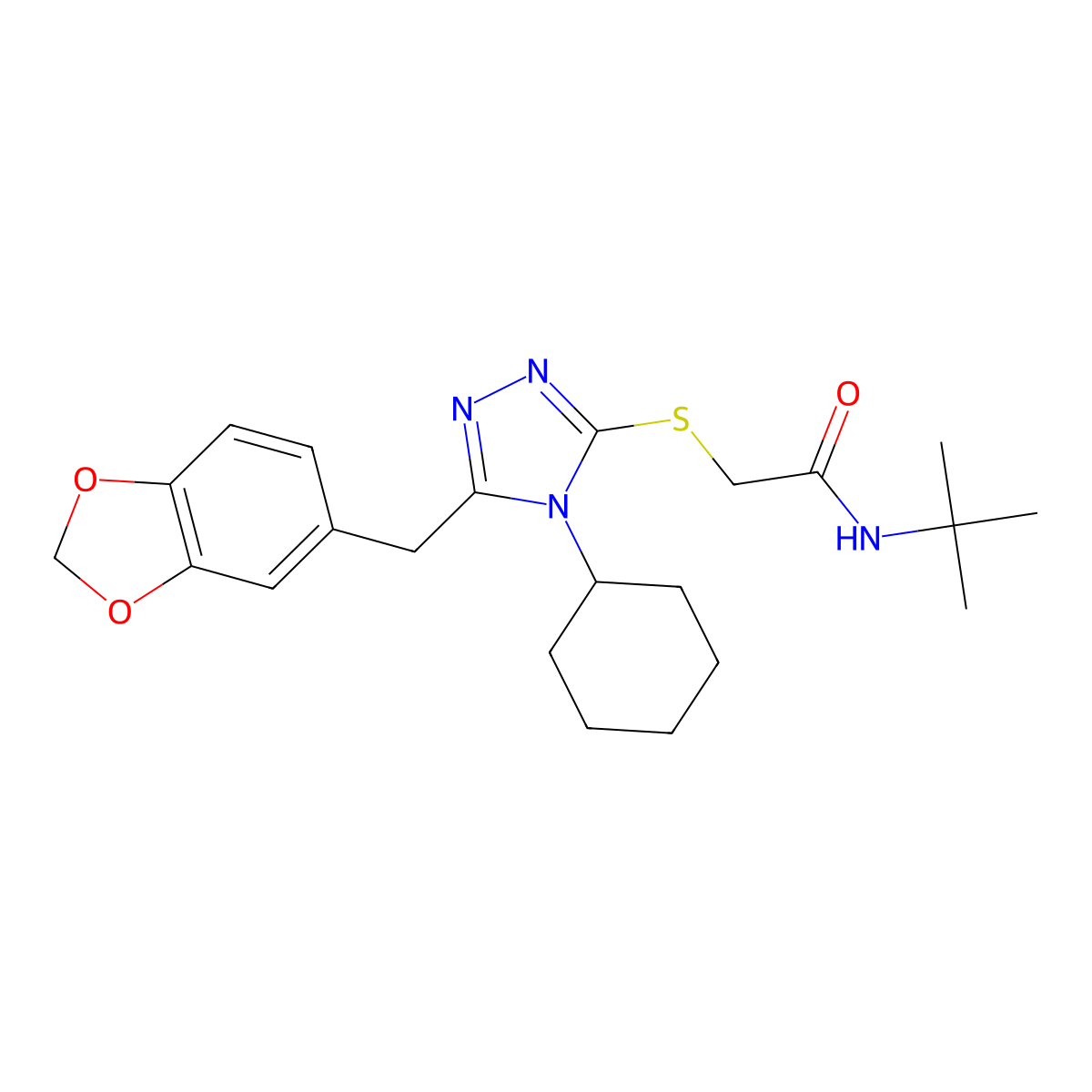 2-(5-Benzo[1,3]dioxol-5-ylmethyl-4-cyclohexyl-4H-[1,2,4]triazol-3-ylsulfanyl)-N-tert-butyl-acetamide molecular structure, CAS 626213-20-5