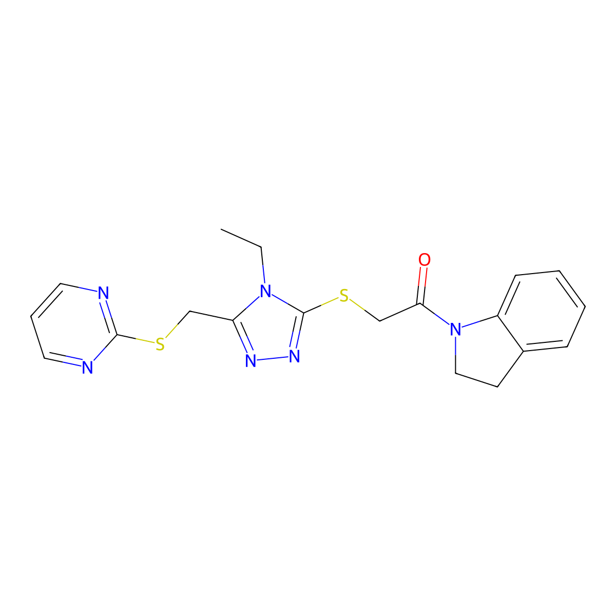 1-(2,3-Dihydro-indol-1-yl)-2-[4-ethyl-5-(pyrimidin-2-ylsulfanylmethyl)-4H-[1,2,4]triazol-3-ylsulfanyl]-ethanone molecular structure, CAS 626214-16-2