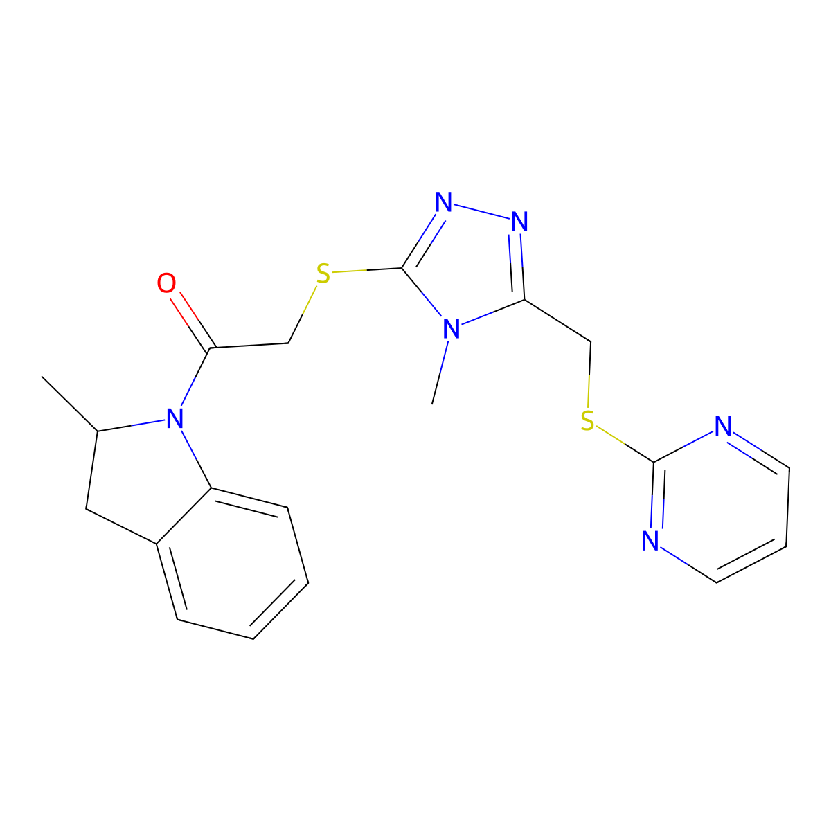 1-(2-Methyl-2,3-dihydro-indol-1-yl)-2-[4-methyl-5-(pyrimidin-2-ylsulfanylmethyl)-4H-[1,2,4]triazol-3-ylsulfanyl]-ethanone molecular structure, CAS 626214-19-5