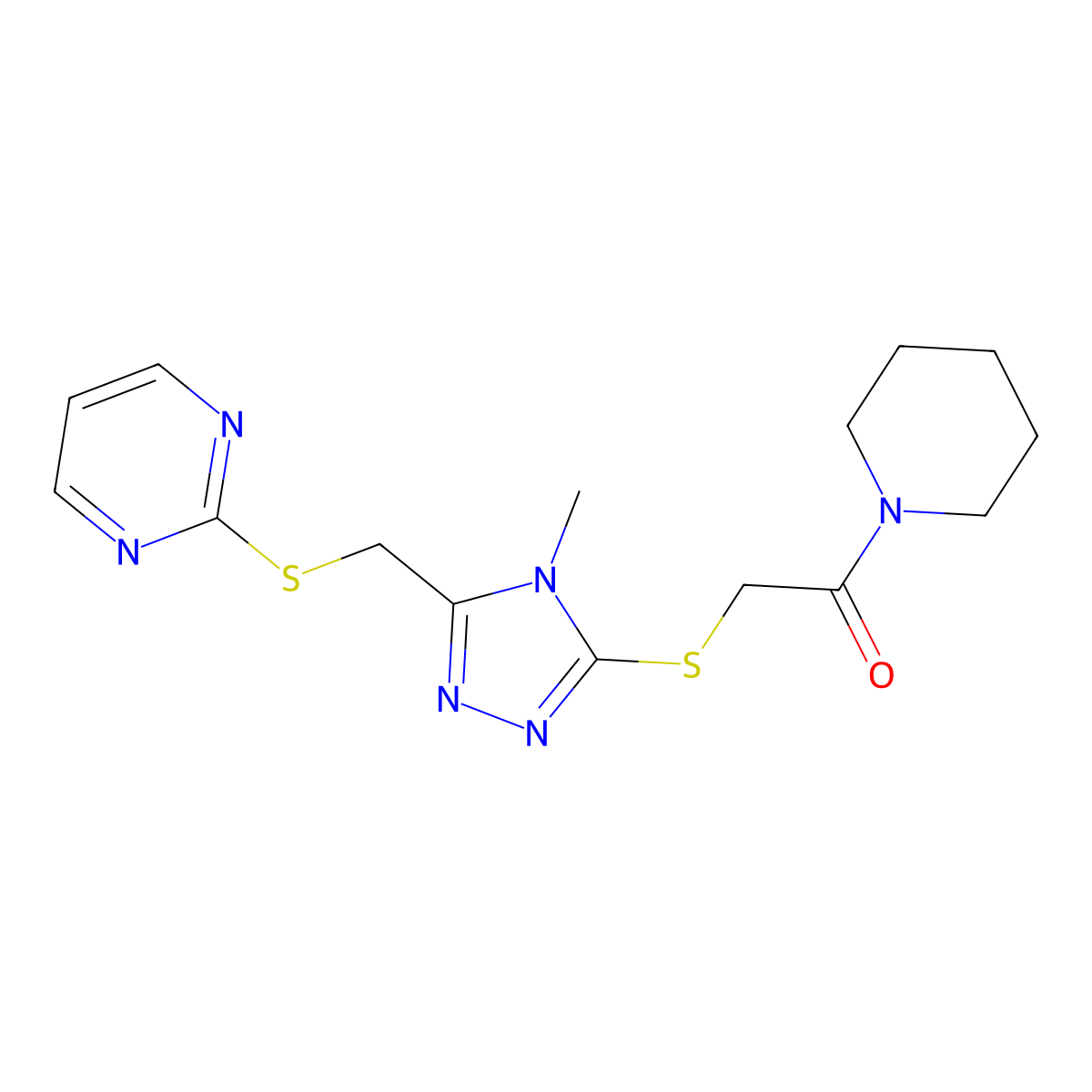 2-[4-Methyl-5-(pyrimidin-2-ylsulfanylmethyl)-4H-[1,2,4]triazol-3-ylsulfanyl]-1-piperidin-1-yl-ethanone molecular structure, CAS 626214-27-5