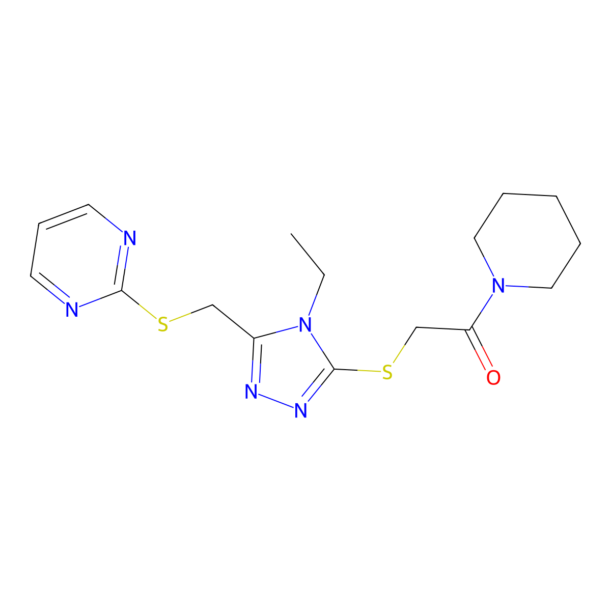 2-[[4-Ethyl-5-[(2-pyrimidinylthio)methyl]-4H-1,2,4-triazol-3-yl]thio]-1-(1-piperidinyl)ethanone molecular structure, CAS 626214-31-1