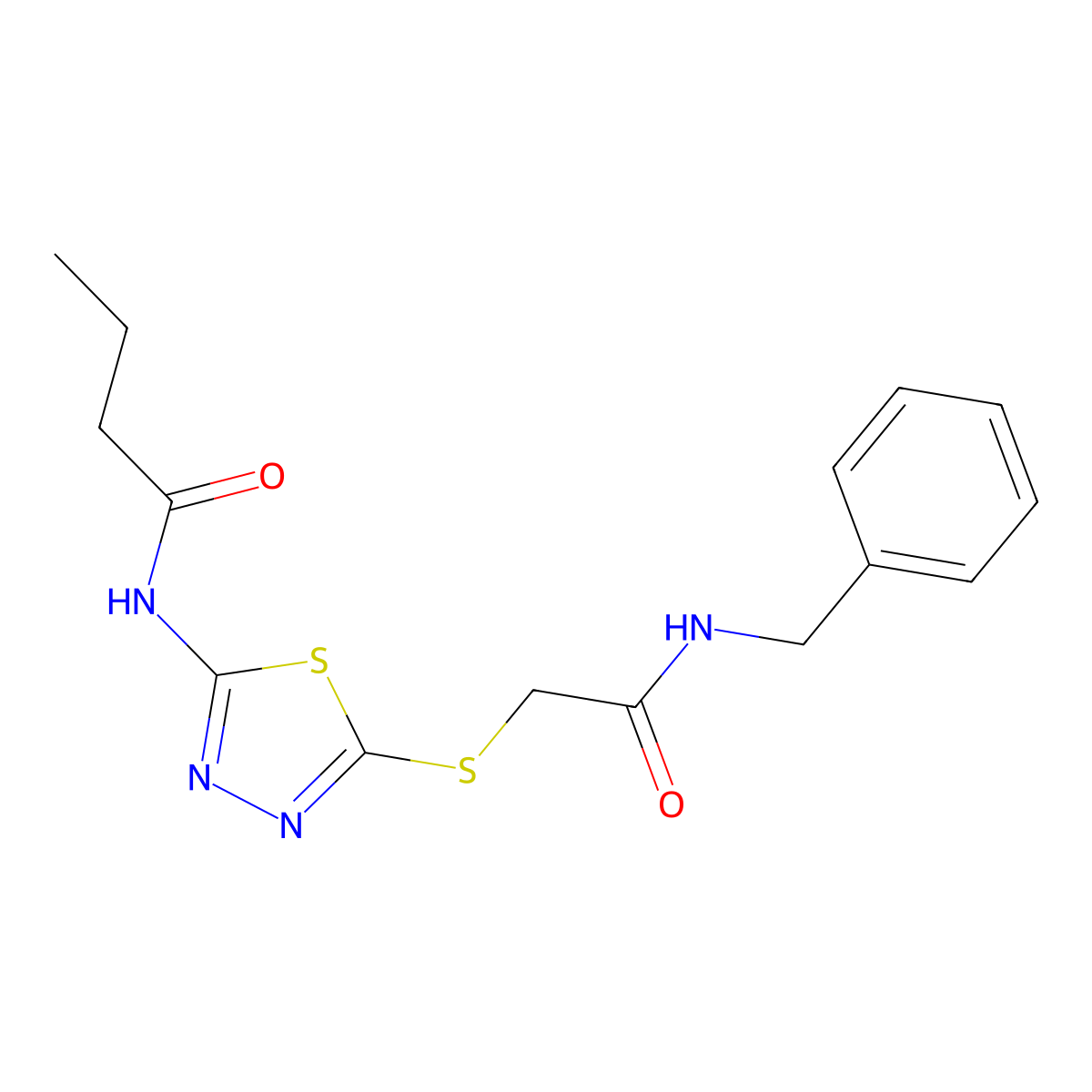 N-(5-((2-(benzylamino)-2-oxoethyl)thio)-1,3,4-thiadiazol-2-yl)butyramide molecular structure, CAS 626214-63-9