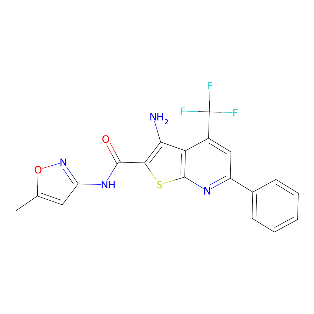 3-amino-N-(5-methyl-1,2-oxazol-3-yl)-6-phenyl-4-(trifluoromethyl)thieno[2,3-b]pyridine-2-carboxamide molecular structure, CAS 626218-60-8