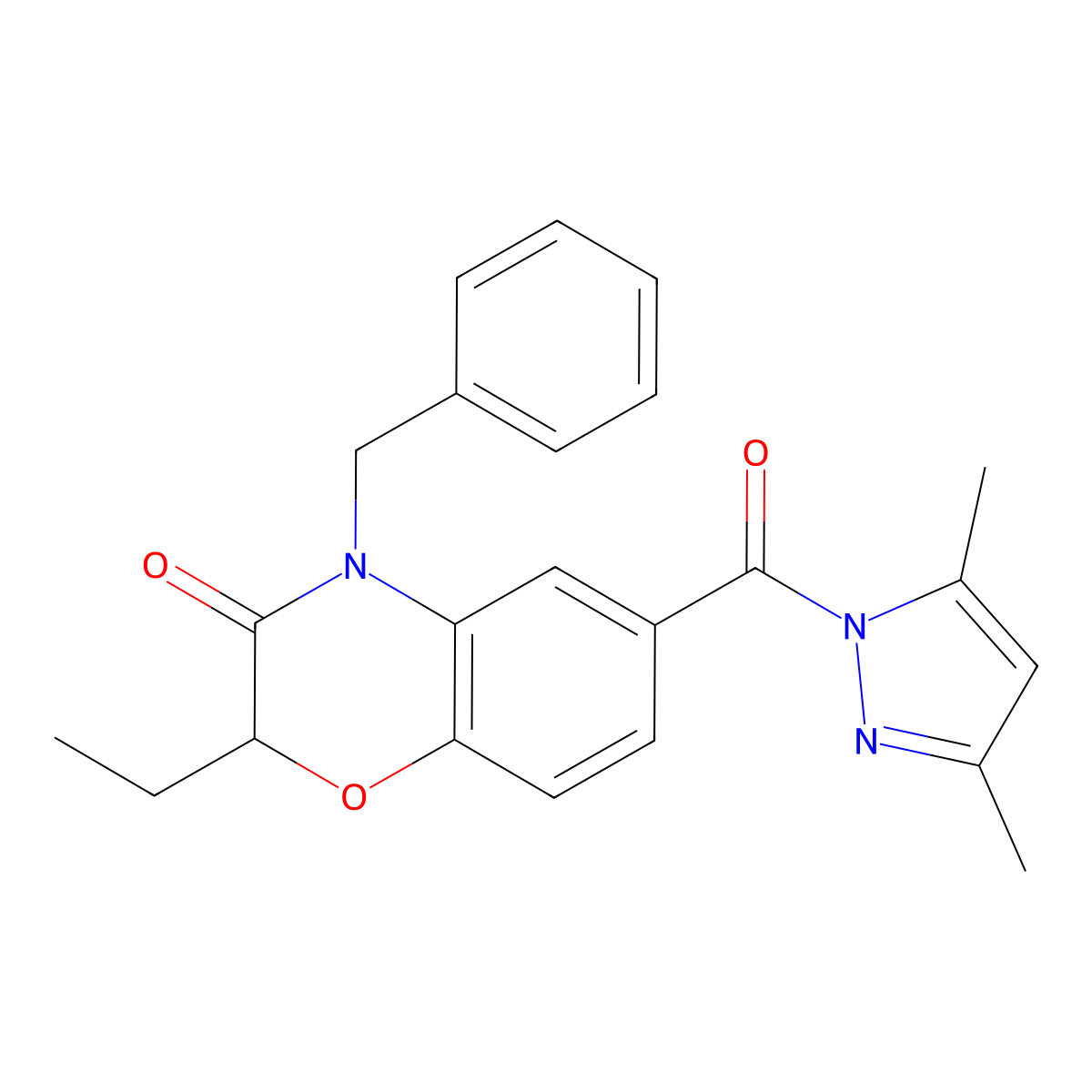 4-Benzyl-6-(3,5-dimethylpyrazole-1-carbonyl)-2-ethyl-1,4-benzoxazin-3-one molecular structure, CAS 626218-87-9