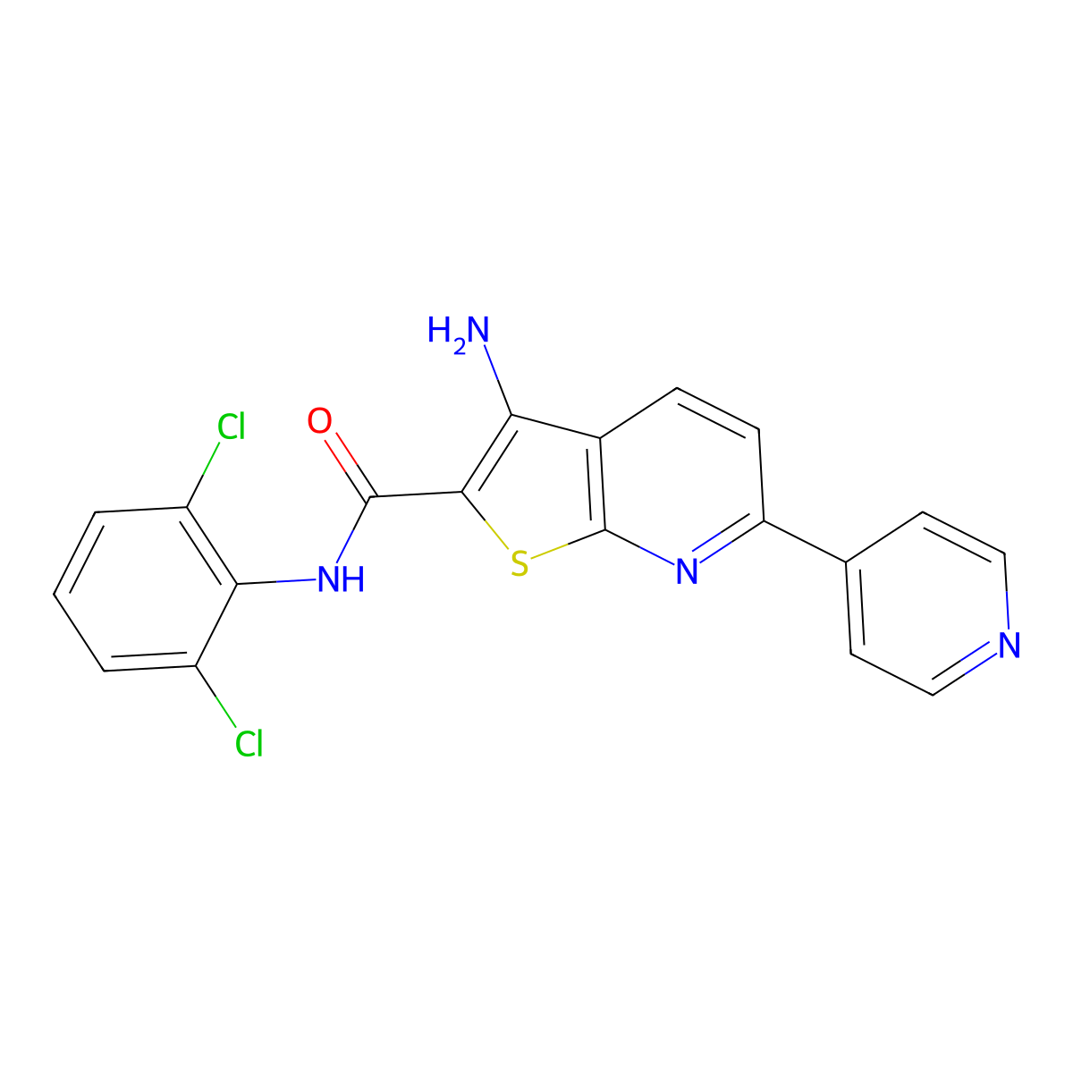 3-amino-N-(2,6-dichlorophenyl)-6-pyridin-4-ylthieno[2,3-b]pyridine-2-carboxamide molecular structure, CAS 626219-52-1
